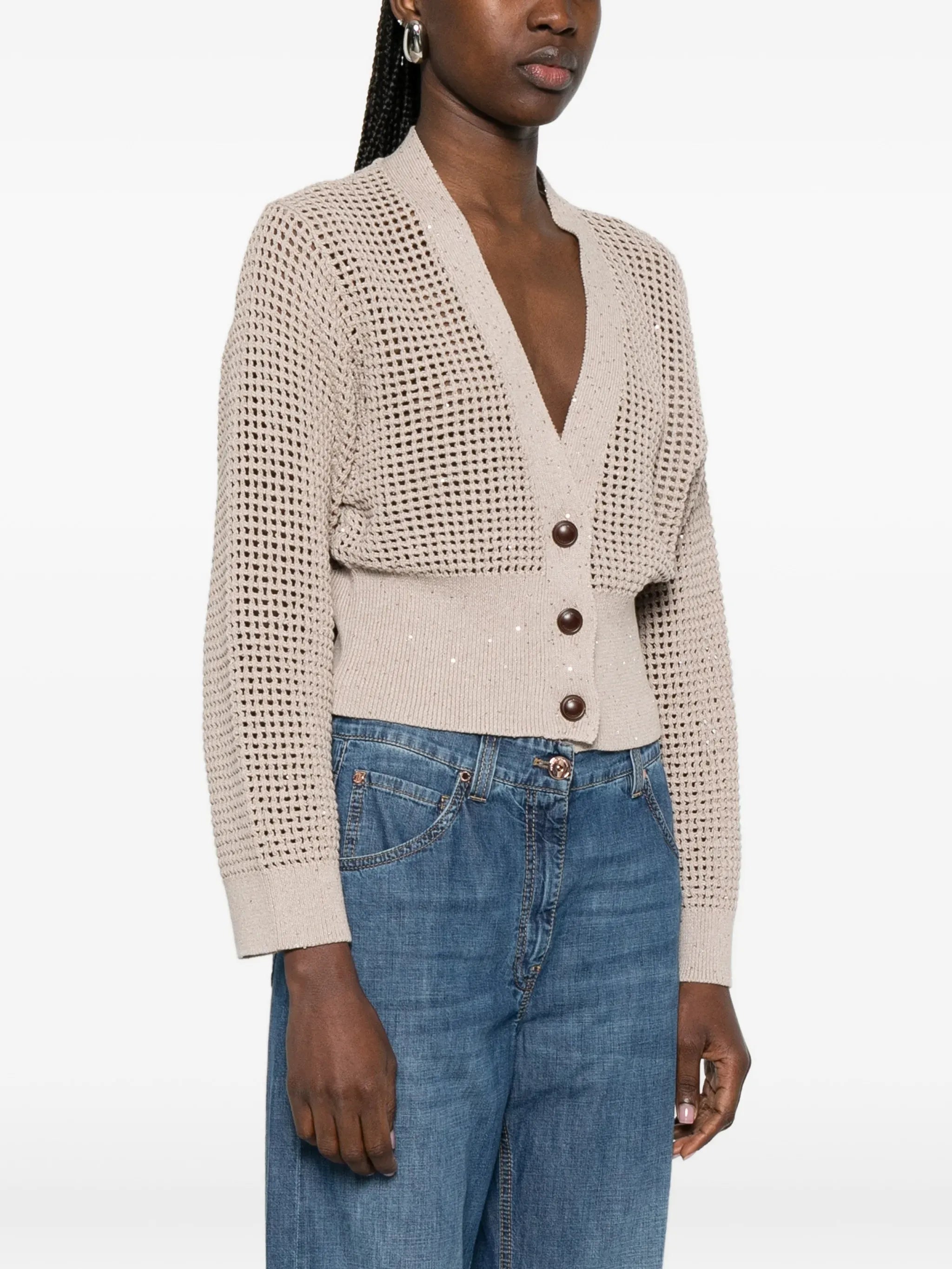 Brunello Cucinelli Beige Sequin-Embellished Cardigan