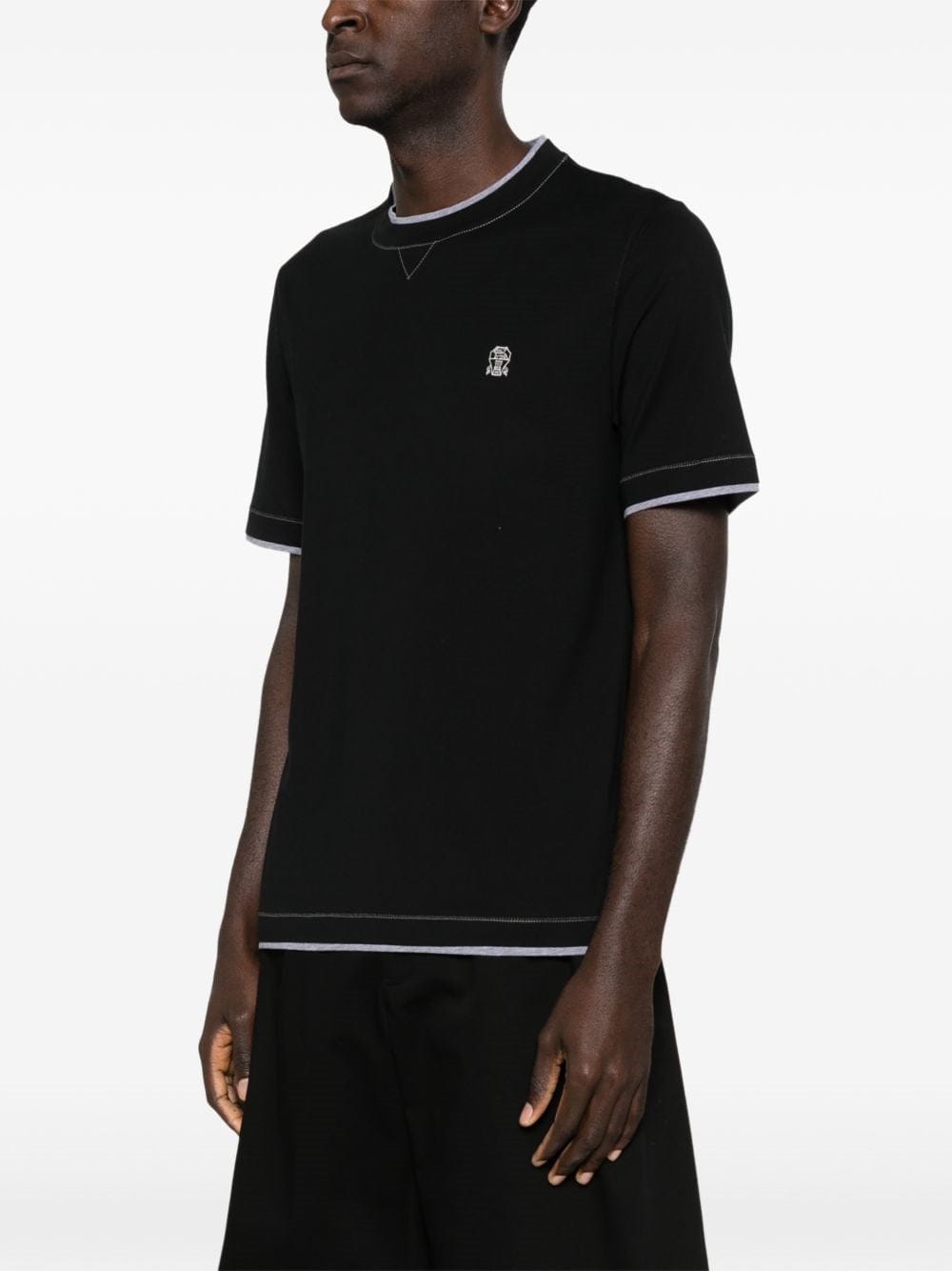 Brunello Cucinelli Black Cotton Jersey Crew Neck Logo T-Shirt
