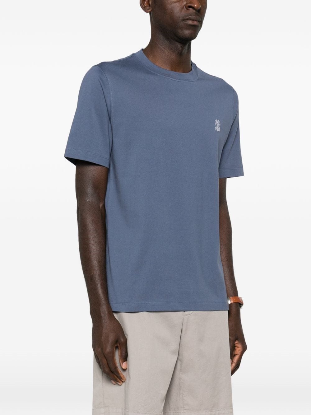 Brunello Cucinelli Blue Cotton jersey Crew Neck Logo T-Shirt