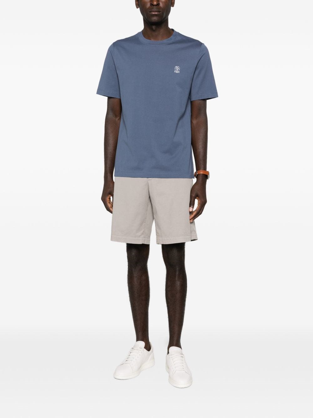 Brunello Cucinelli Camiseta Azul de Algodão Gola Careca com Logo