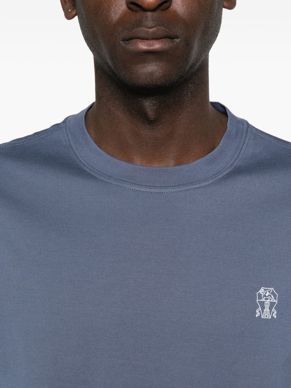 Brunello Cucinelli Blue Cotton jersey Crew Neck Logo T-Shirt