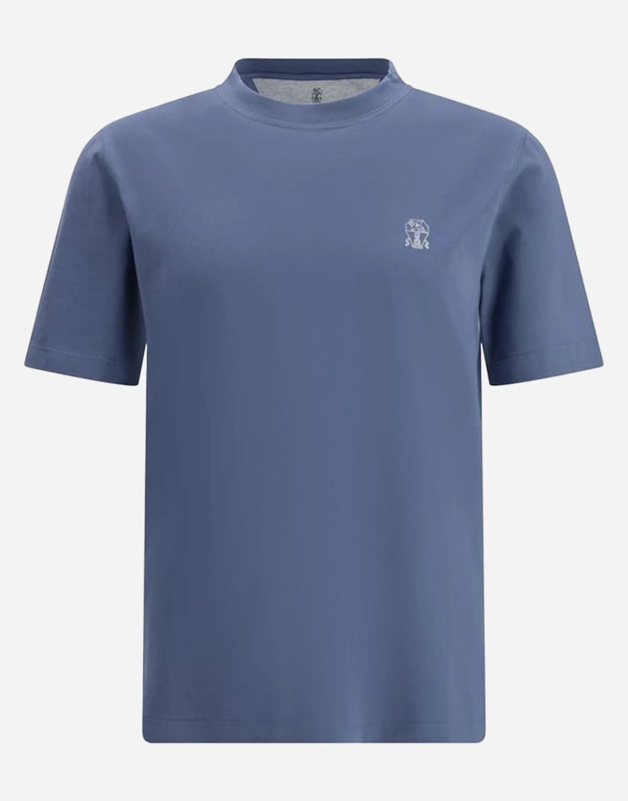 Brunello Cucinelli Blue Cotton jersey Crew Neck Logo T-Shirt