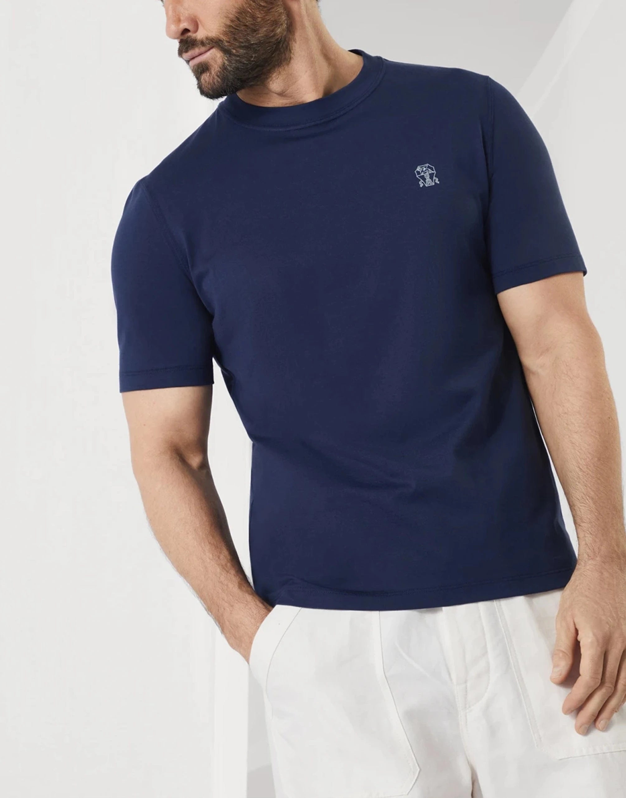 Brunello Cucinelli Blue Cotton Jersey Crewneck Logo T-Shirt