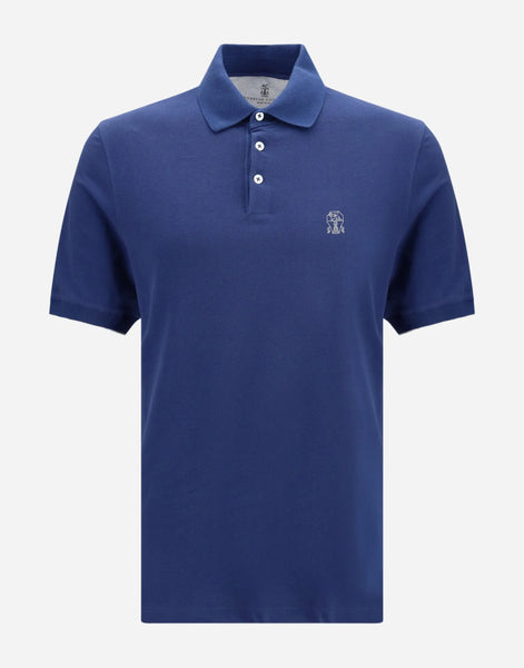 Brunello Cucinelli Blue Cotton Piqué Polo Logo Shirt | Sendegaro