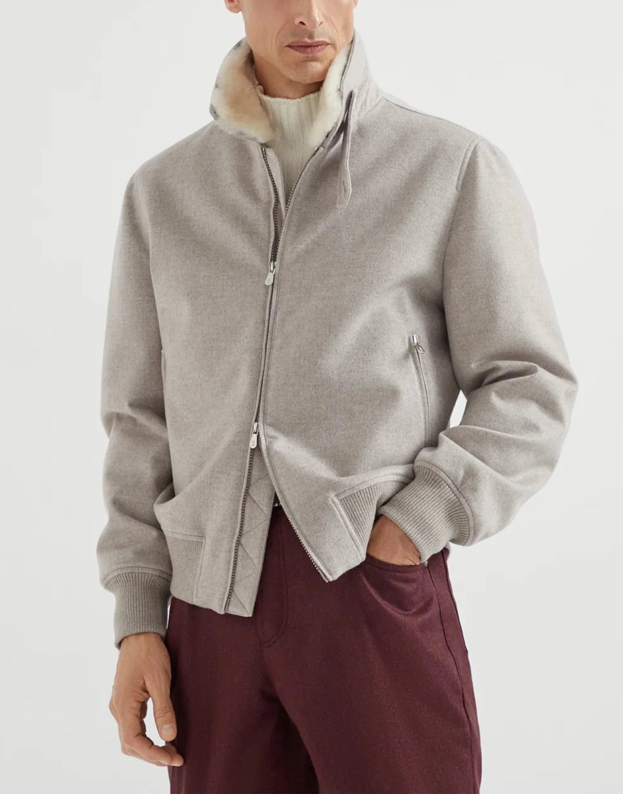 Brunello Cucinelli Bonded Cashmere Beaver Cloth Bomber Jacket