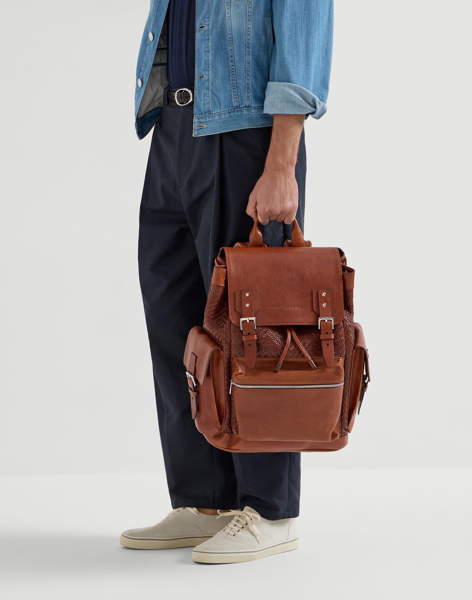 BRUNELLO CUCINELLI バックパック グレー/ブラウン Brunello Cucinelli Braided Leather City Backpack | Sendegaro
