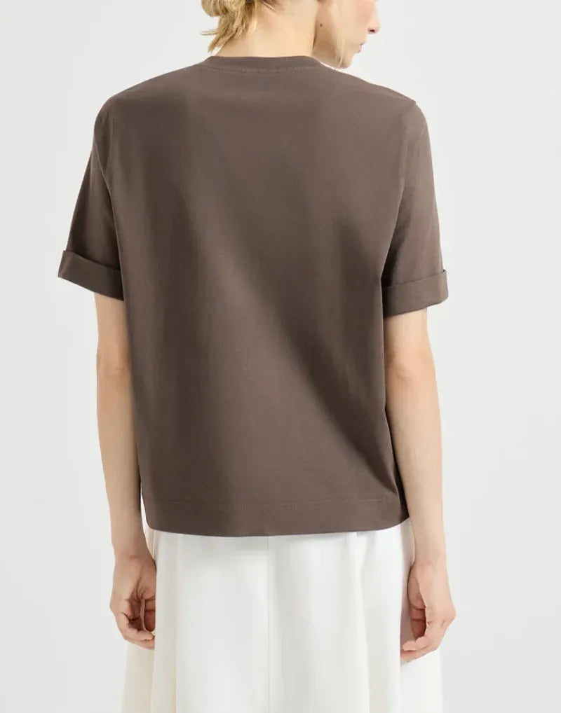 Brunello Cucinelli Brown Shiny Trims Cotton T-Shirt