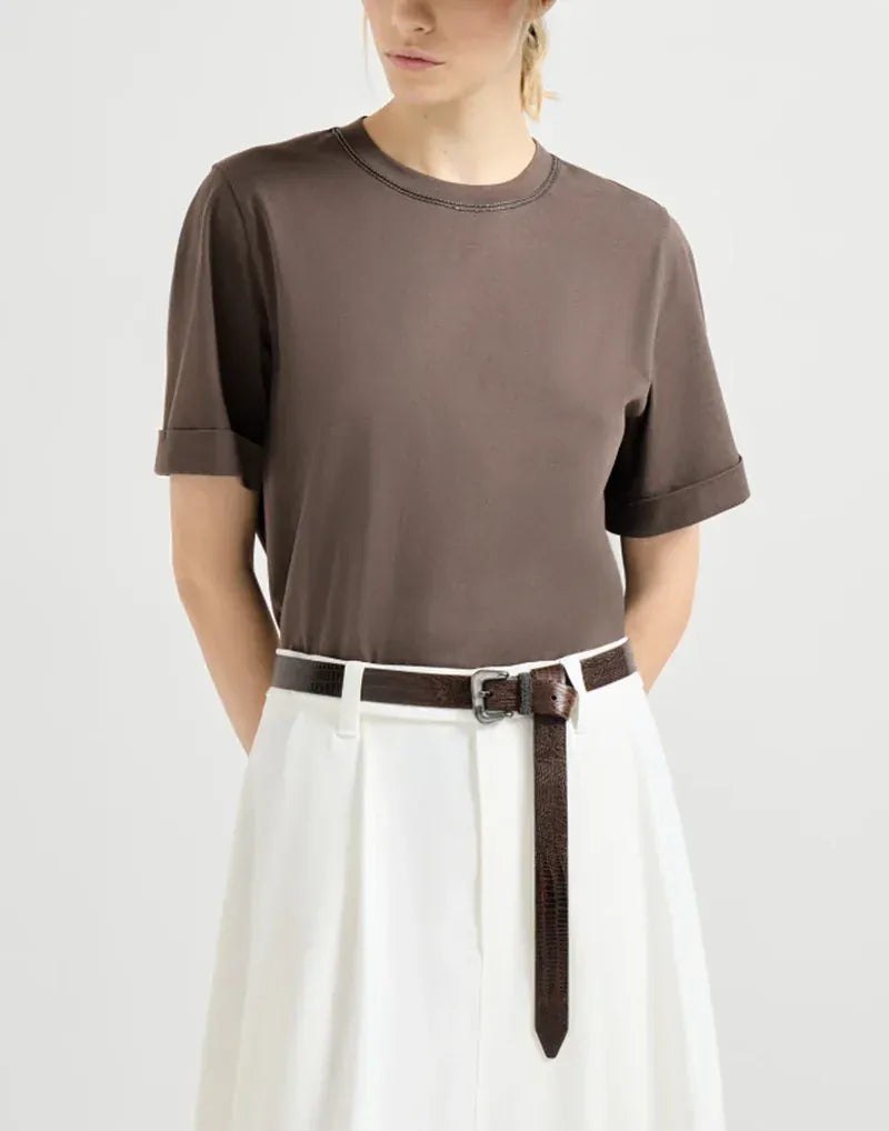 Brunello Cucinelli Brown Shiny Trims Cotton T-Shirt