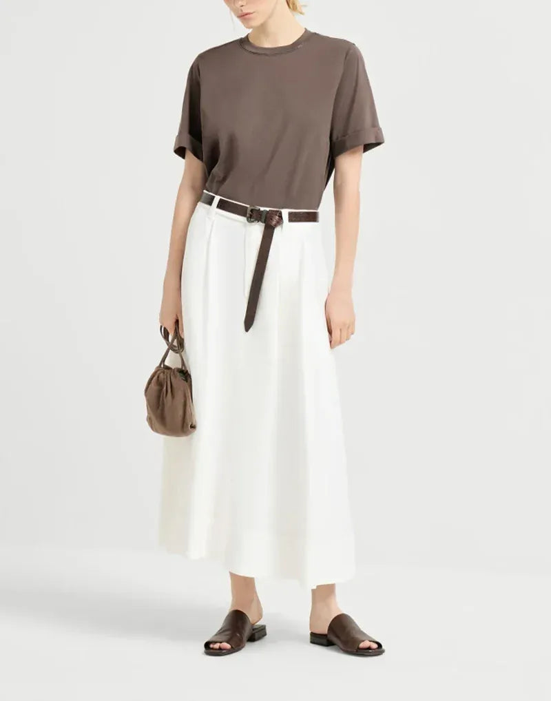Brunello Cucinelli Brown Shiny Trims Cotton T-Shirt