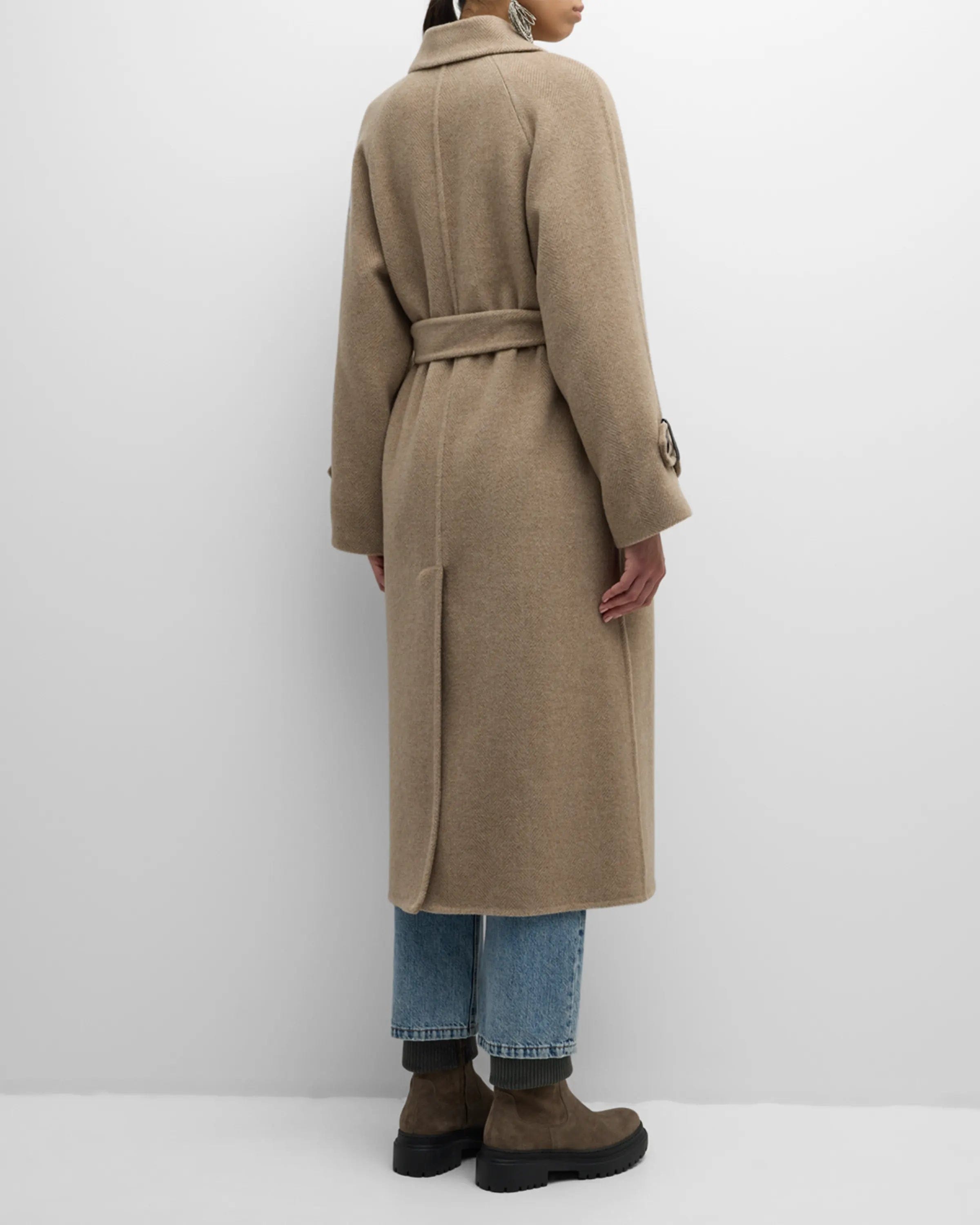 Brunello Cucinelli Cashmere And Wool Belted Herringbone Coat