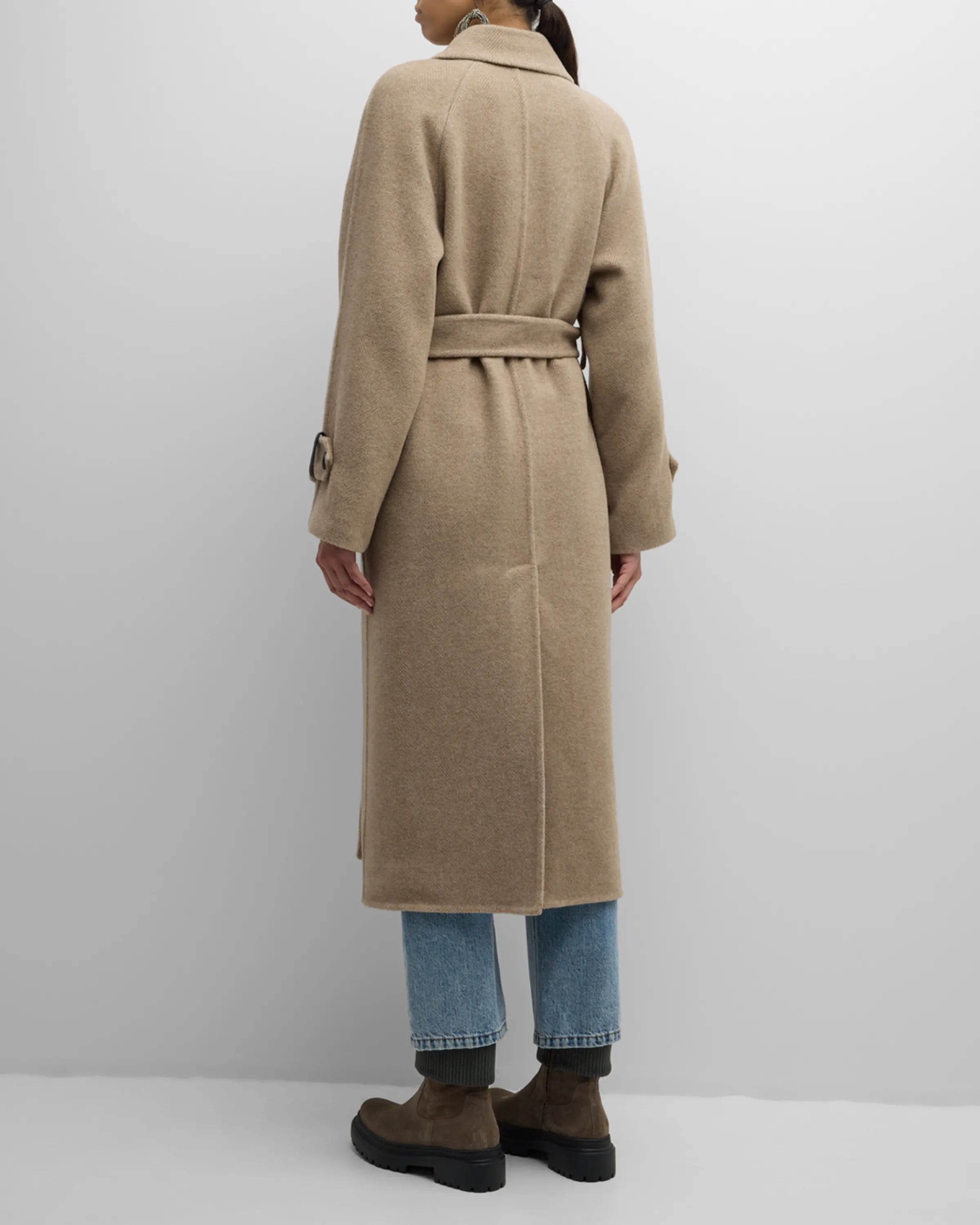 Brunello Cucinelli Cashmere And Wool Belted Herringbone Coat