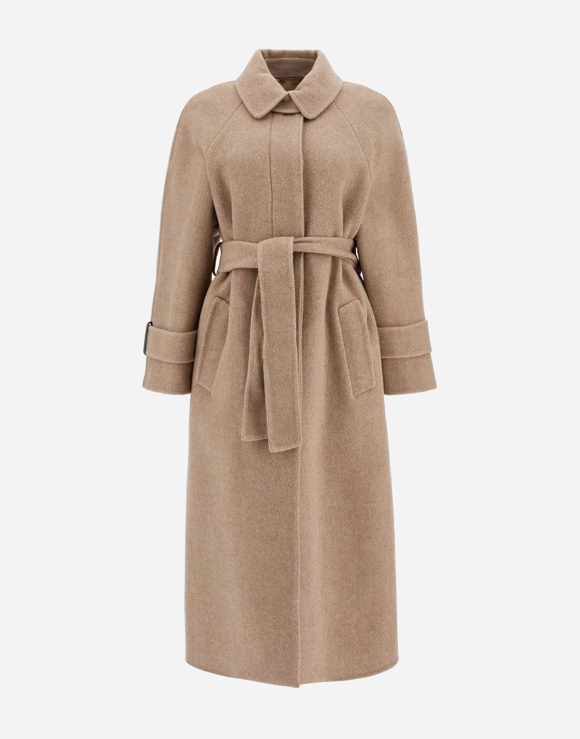 Brunello Cucinelli Cashmere And Wool Belted Herringbone Coat