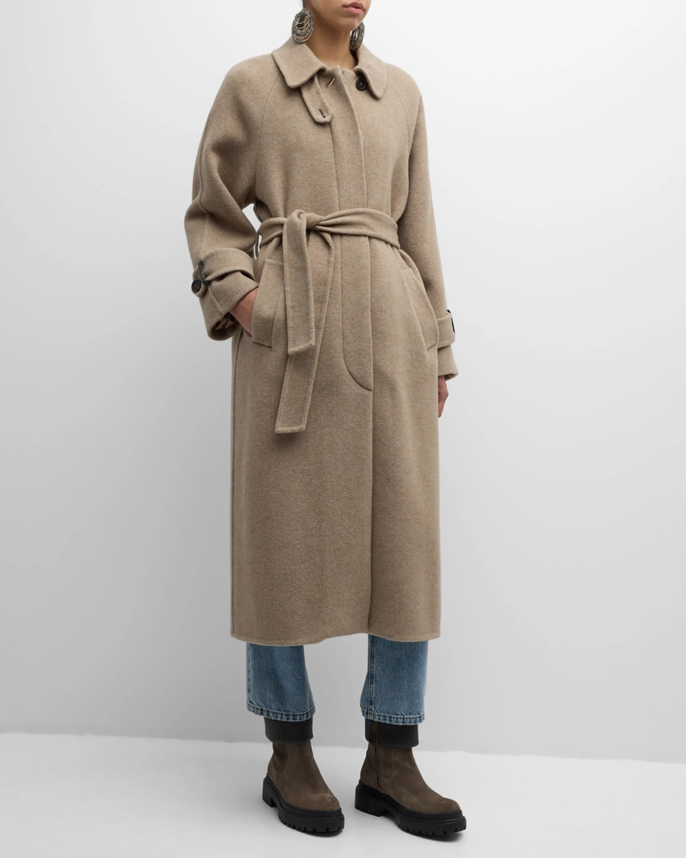 Brunello Cucinelli Cashmere And Wool Belted Herringbone Coat