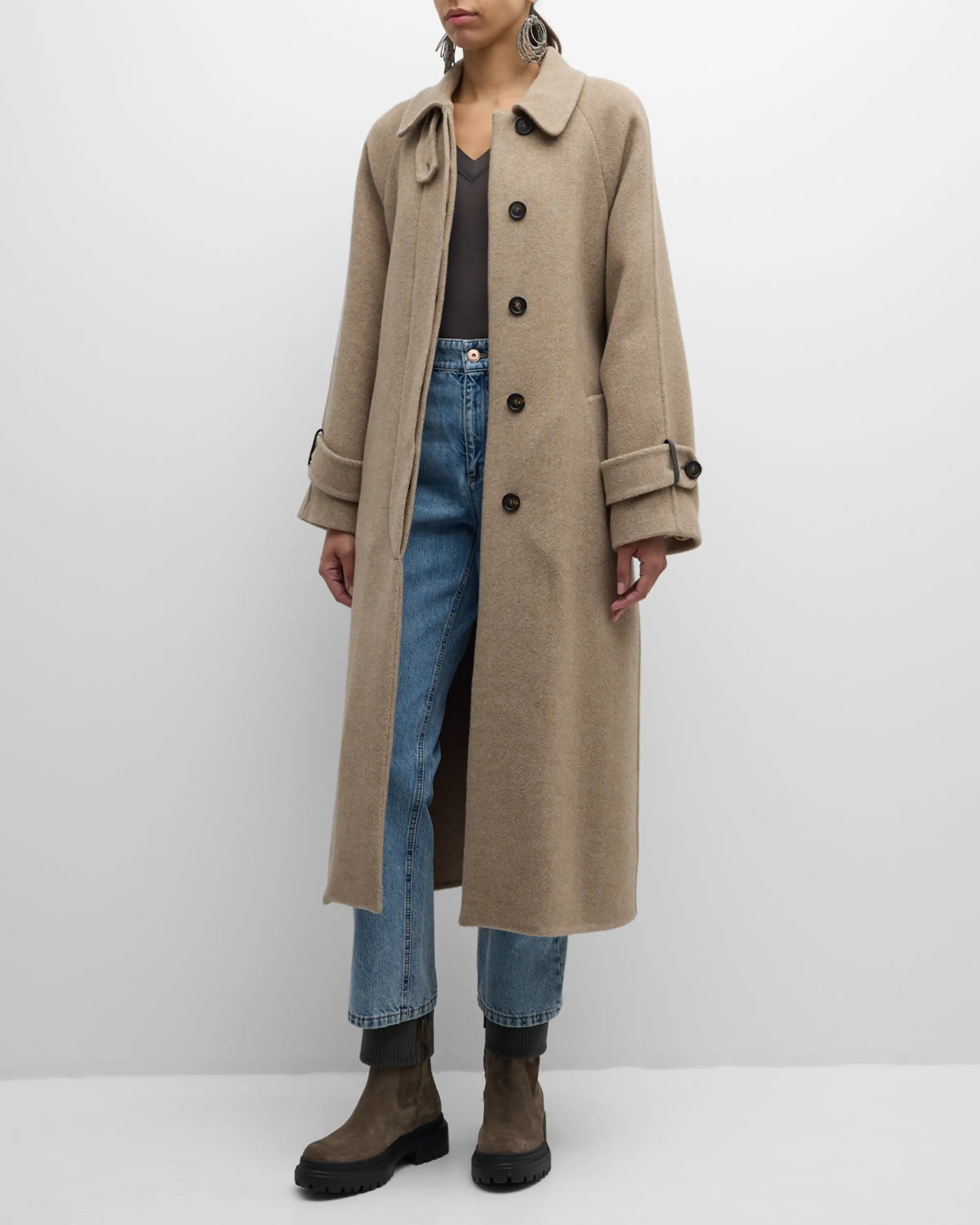 Brunello Cucinelli Cashmere And Wool Belted Herringbone Coat