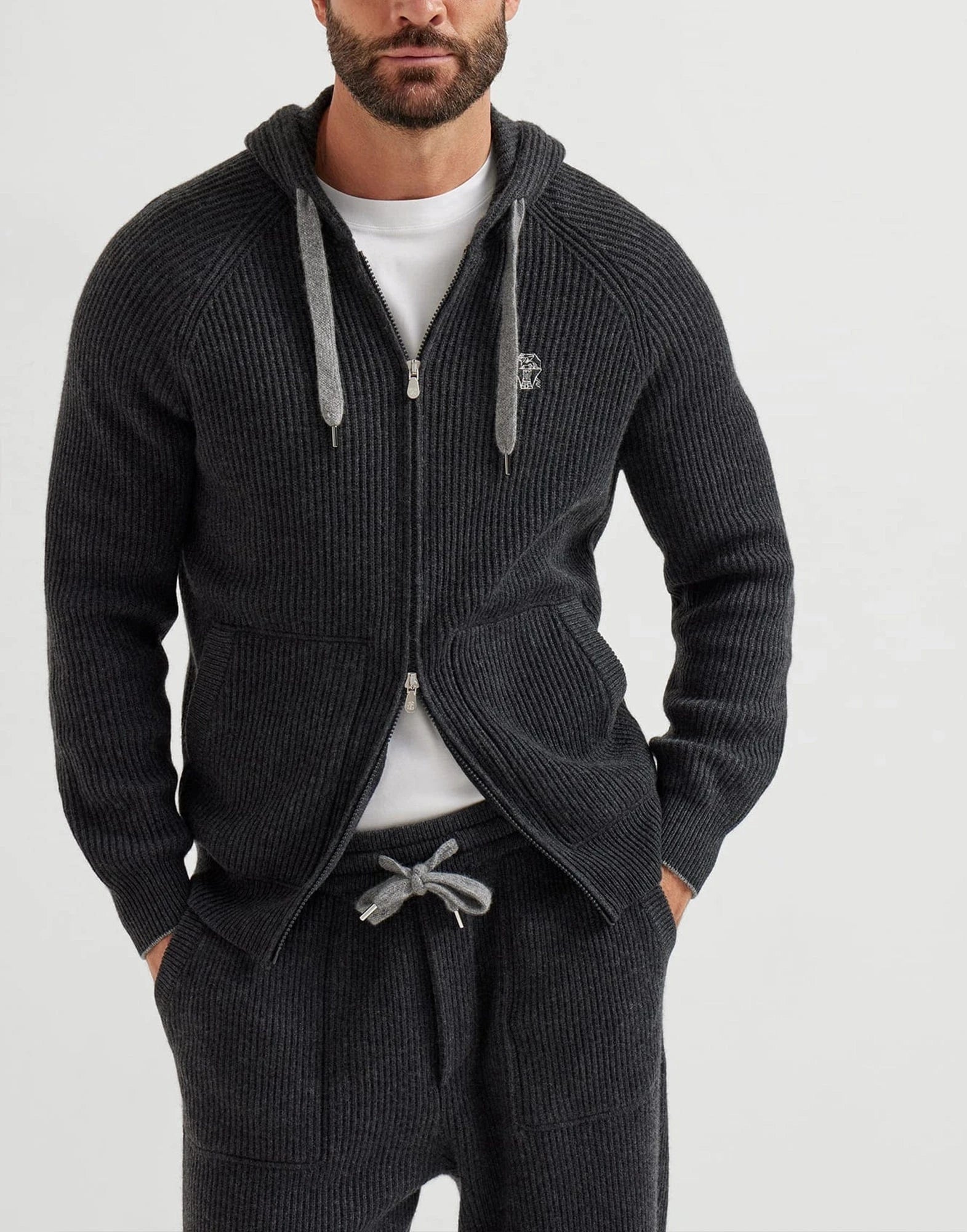 Brunello Cucinelli Cashmere English Rib Knit Logo Hoodie