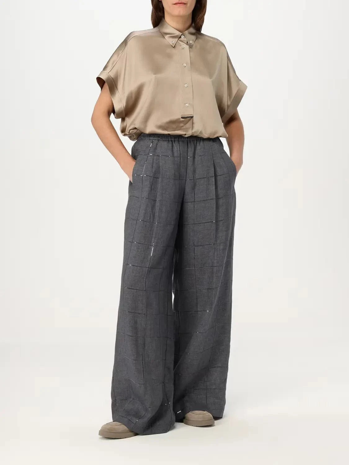 Brunello Cucinelli Check Linen Palazzo Trousers