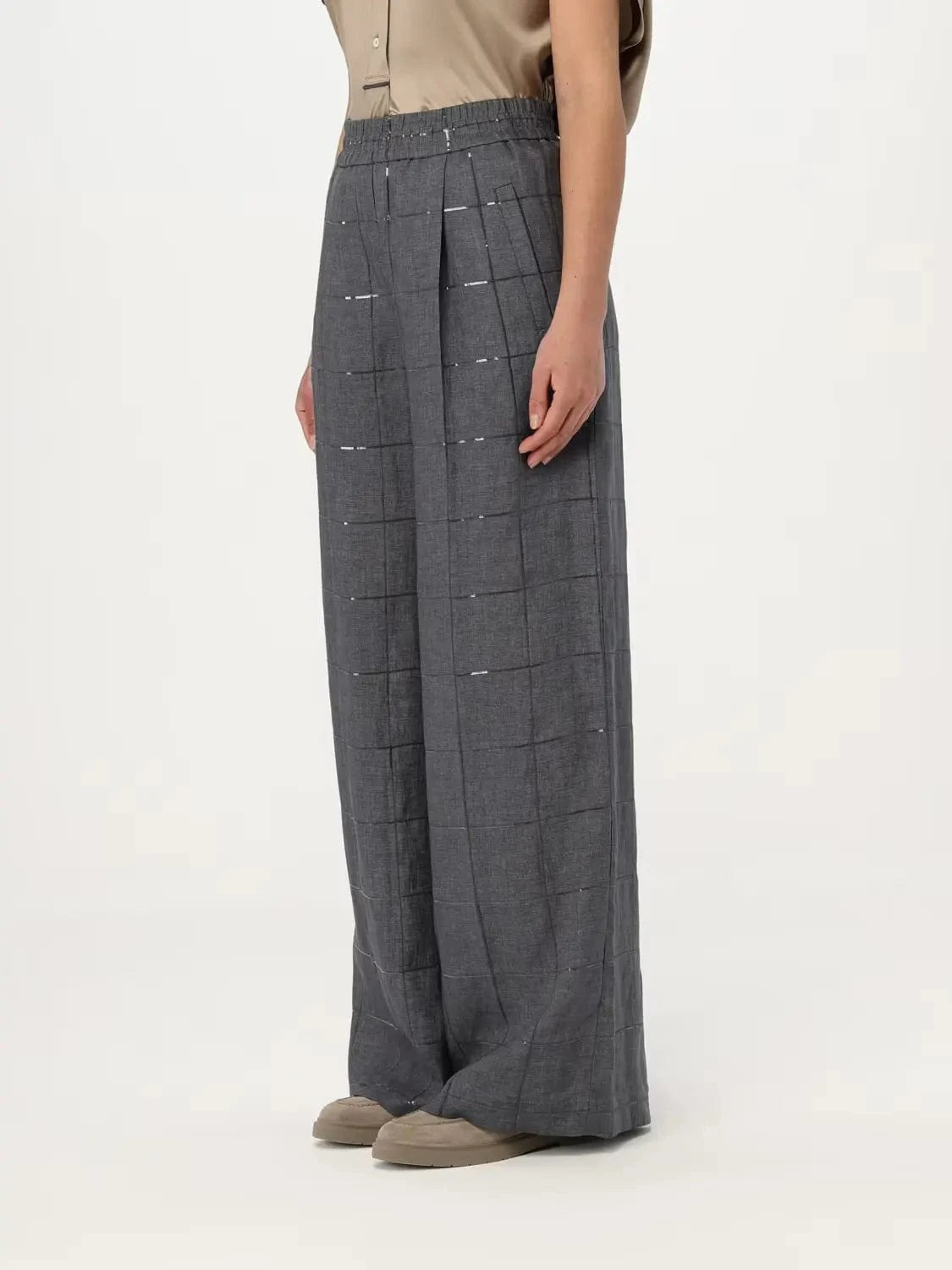 Brunello Cucinelli Check Linen Palazzo Trousers