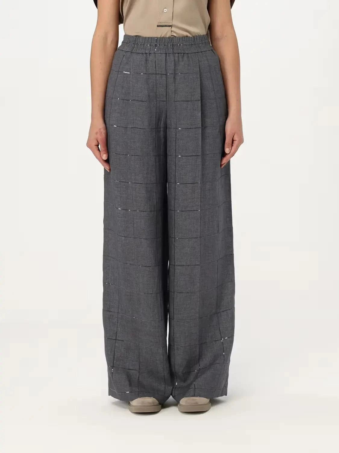 Brunello Cucinelli Check Linen Palazzo Trousers | Sendegaro ES