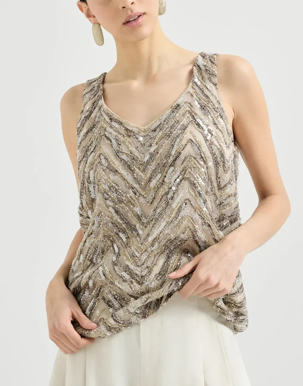 Brunello Cucinelli Chevron Embroidery Dazzling Top
