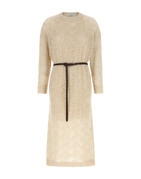 brunello cucinelli knit dress Brunello Cucinelli Women's Cotton Rib Knit Dress with Monili - Brown