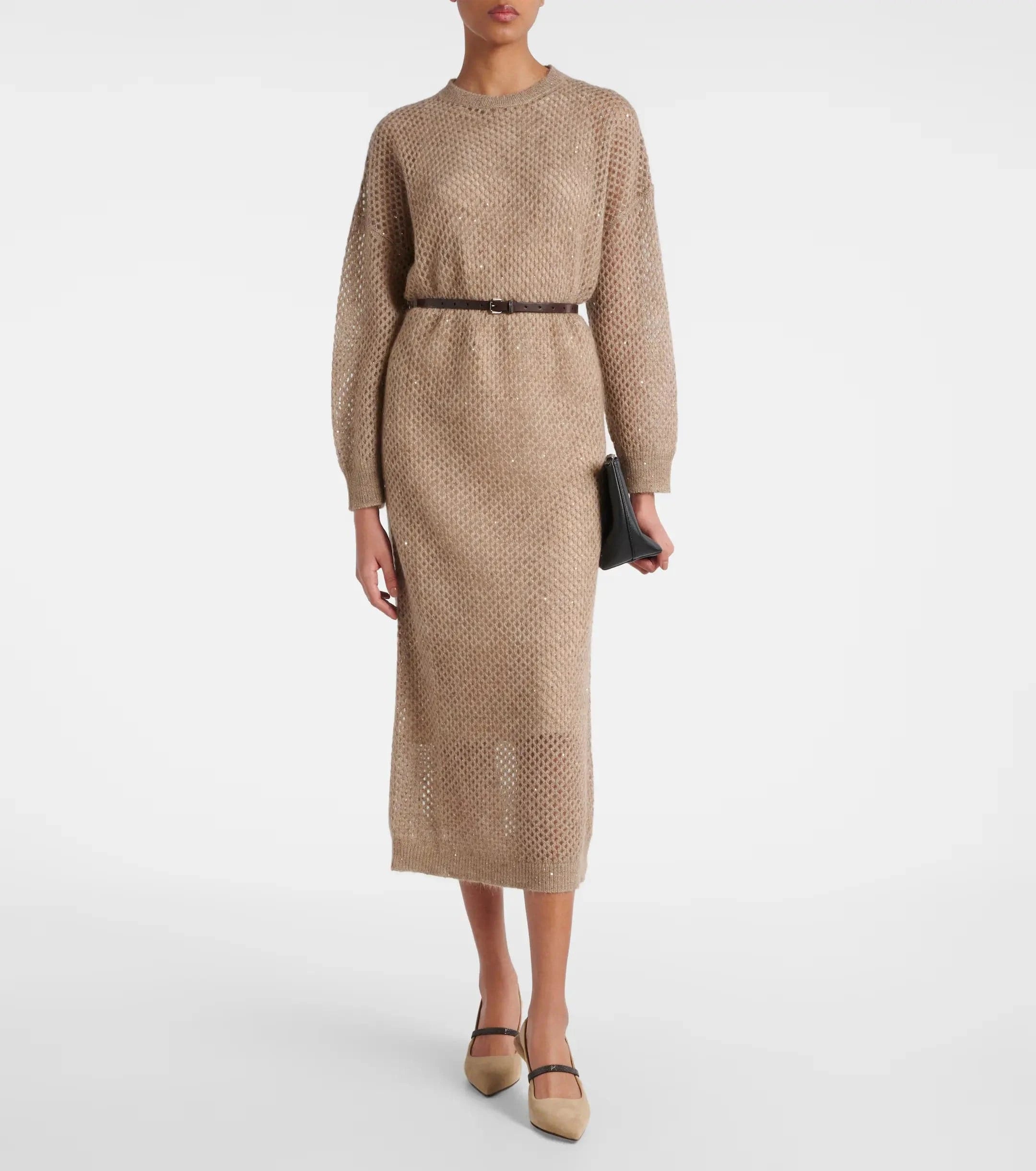Brunello Cucinelli Dazzling Belted Midi Dress