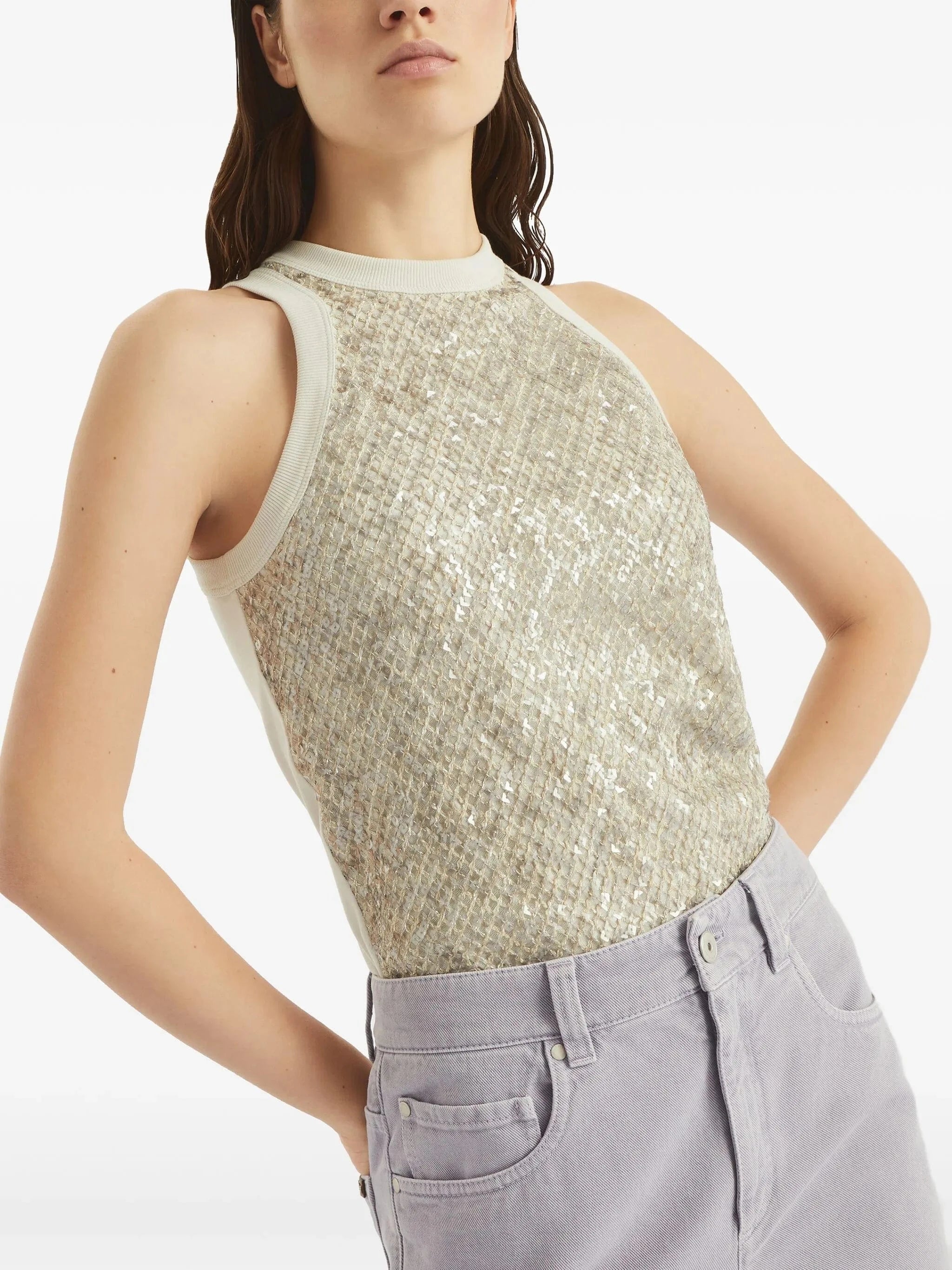 Brunello Cucinelli Dazzling Net Embroidery Tank Top