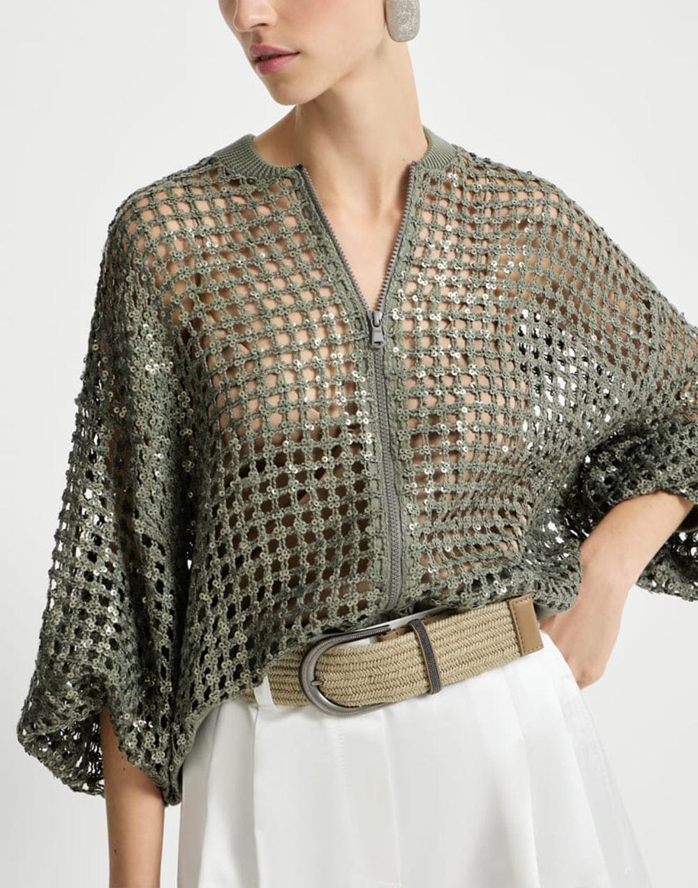 Brunello Cucinelli Dazzling Net Embroidery Zip Cardigan | Sendegaro