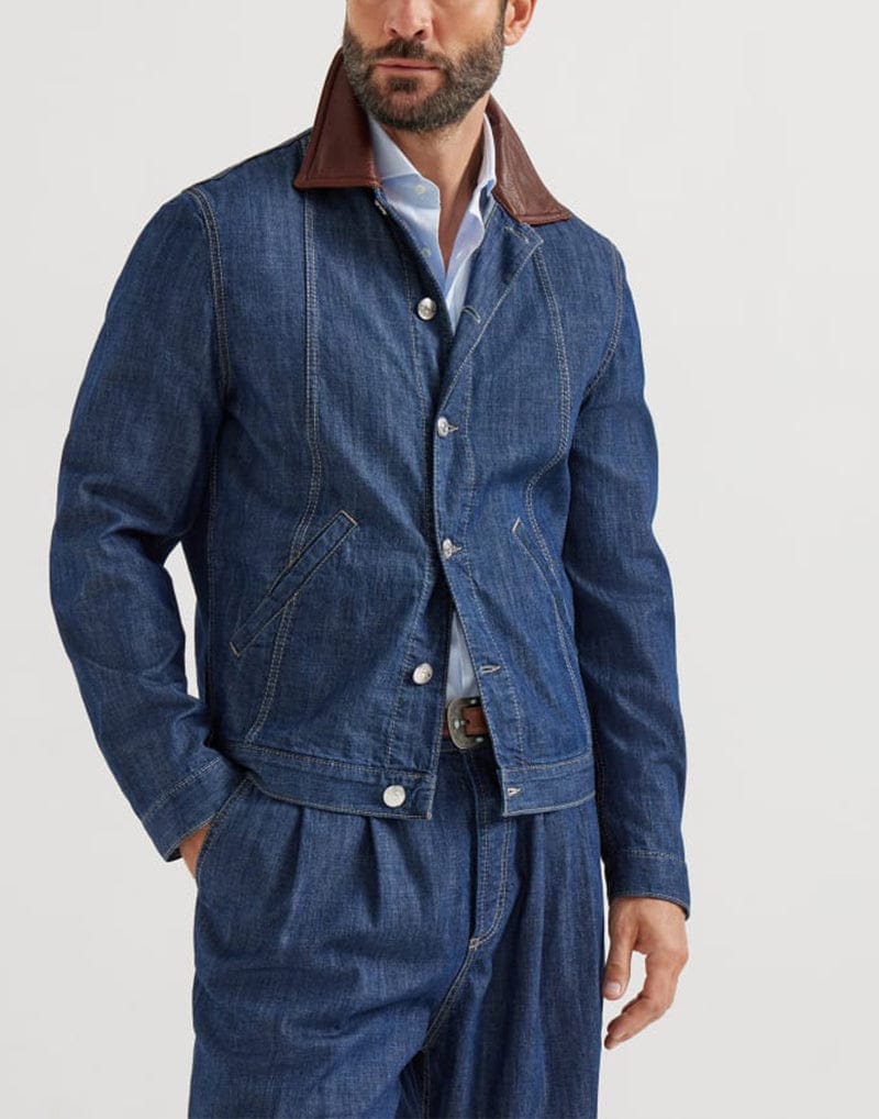 Brunello Cucinelli Denim Leather Collar Jacket | Sendegaro