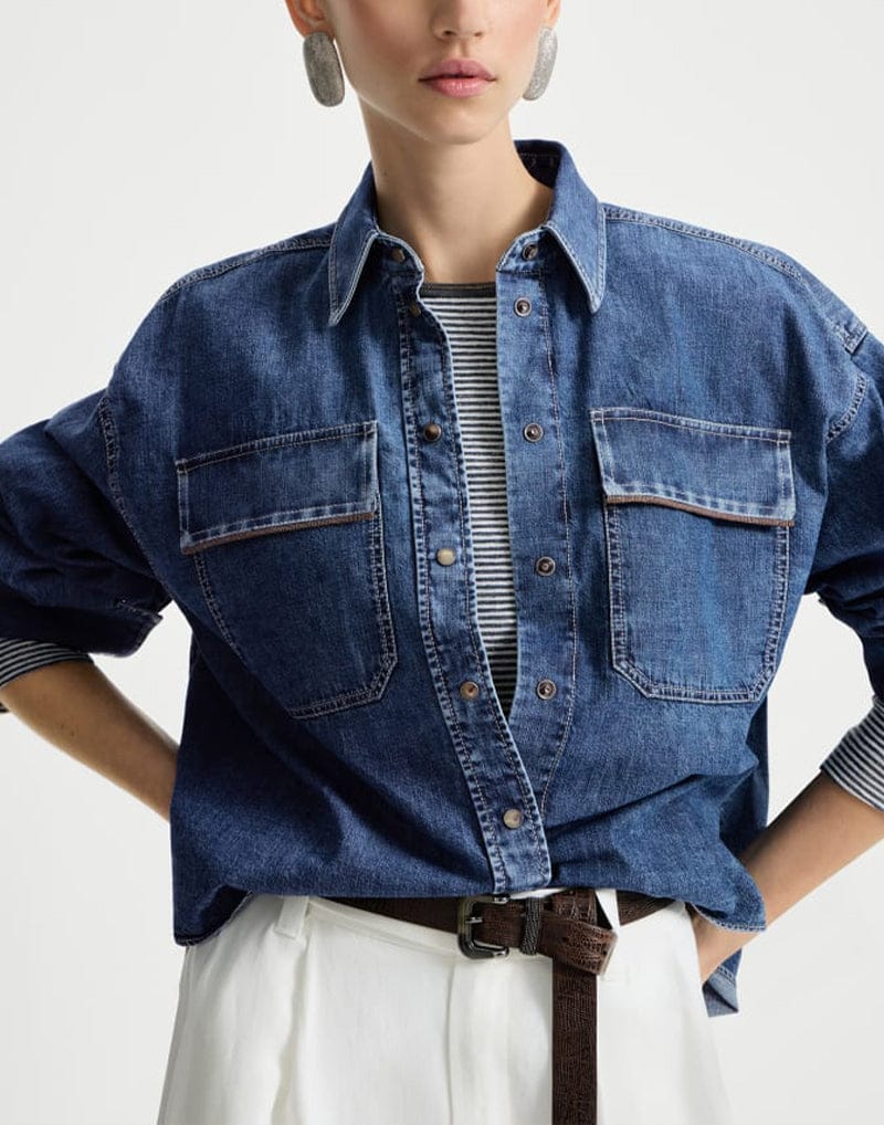 Brunello Cucinelli Denim Shiny Pocket Embelished Shirt