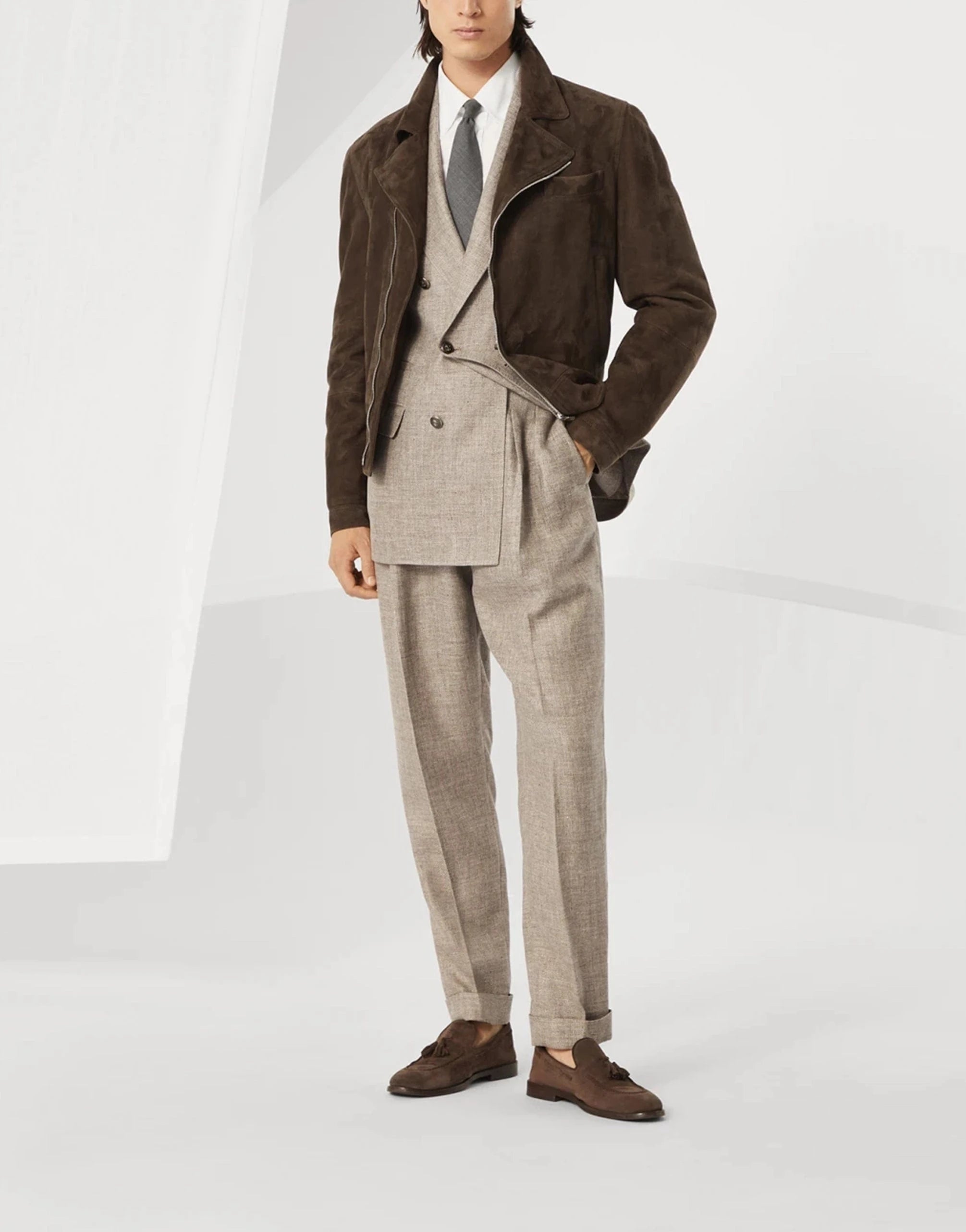 Brunello Cucinelli Diagonal Deconstructed Double-Breasted Blazer