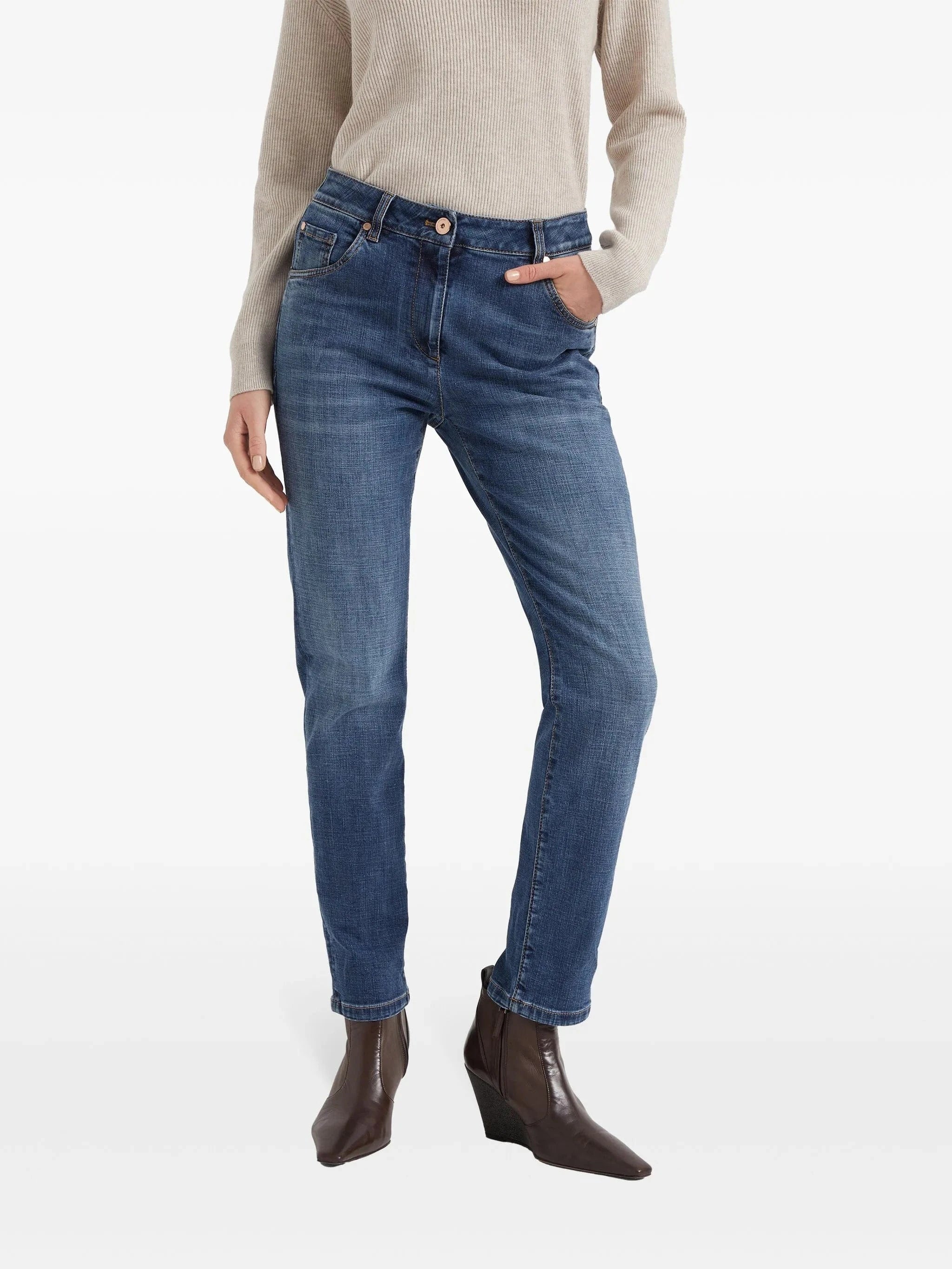 Brunello Cucinelli Distressed-Finish Shiny Tab Denim Jeans