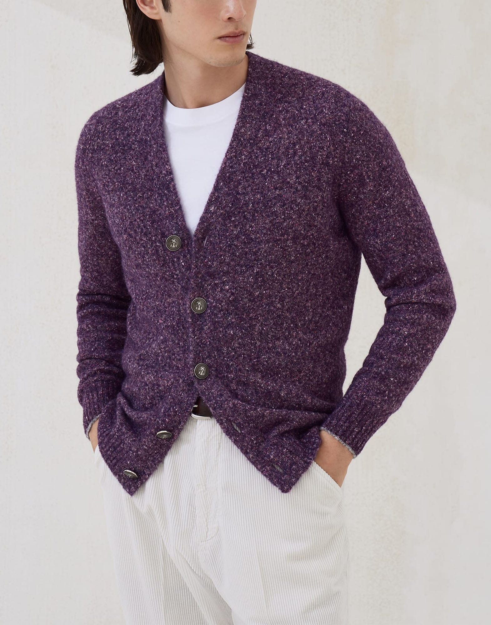 Brunello Cucinelli Flecked Alpaca Blend Metal Button Cardigan