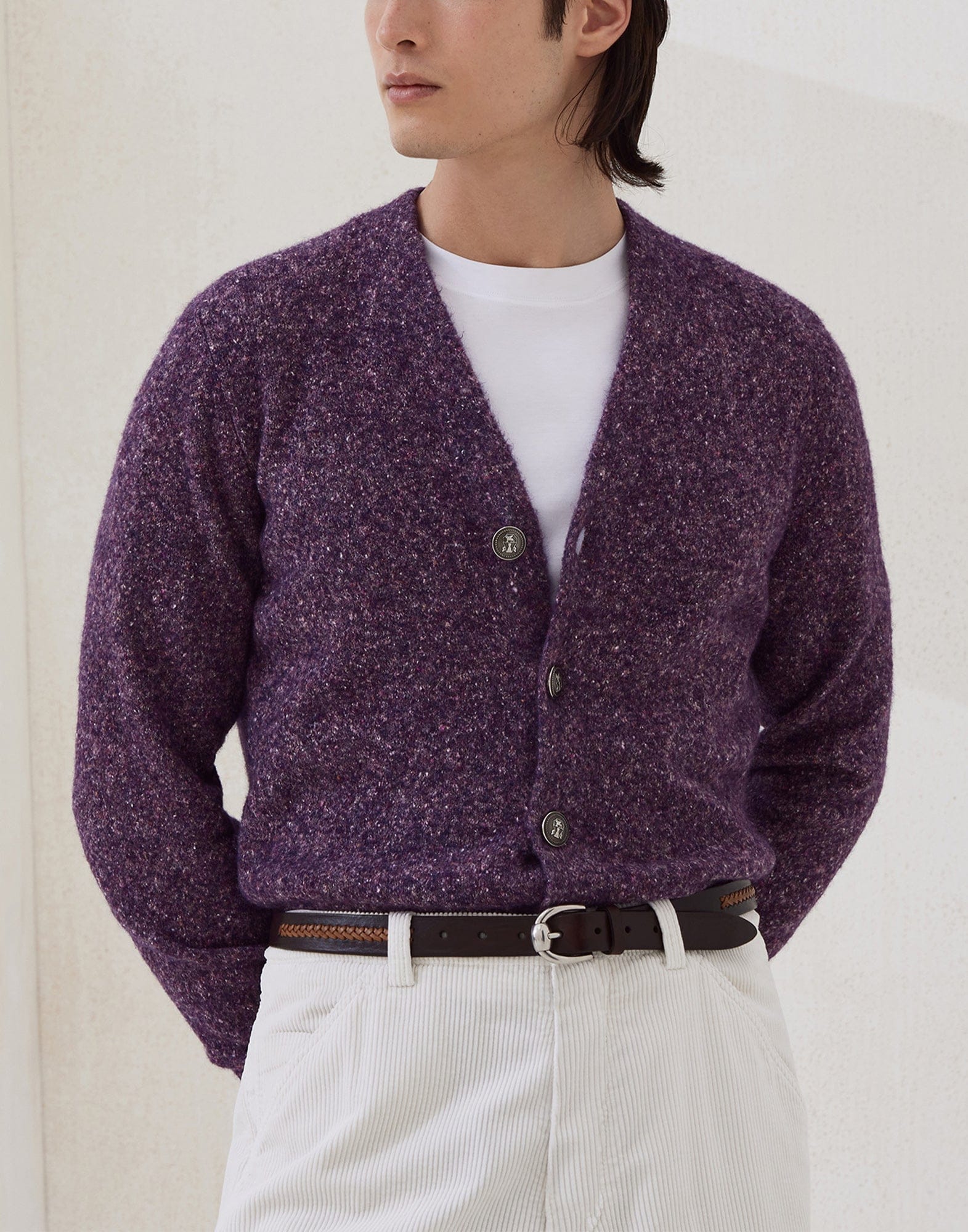 BRUNELLO CUCINELLI カシミヤ カーディガン パープル Brunello Cucinelli Flecked Alpaca Blend Metal Button Cardigan