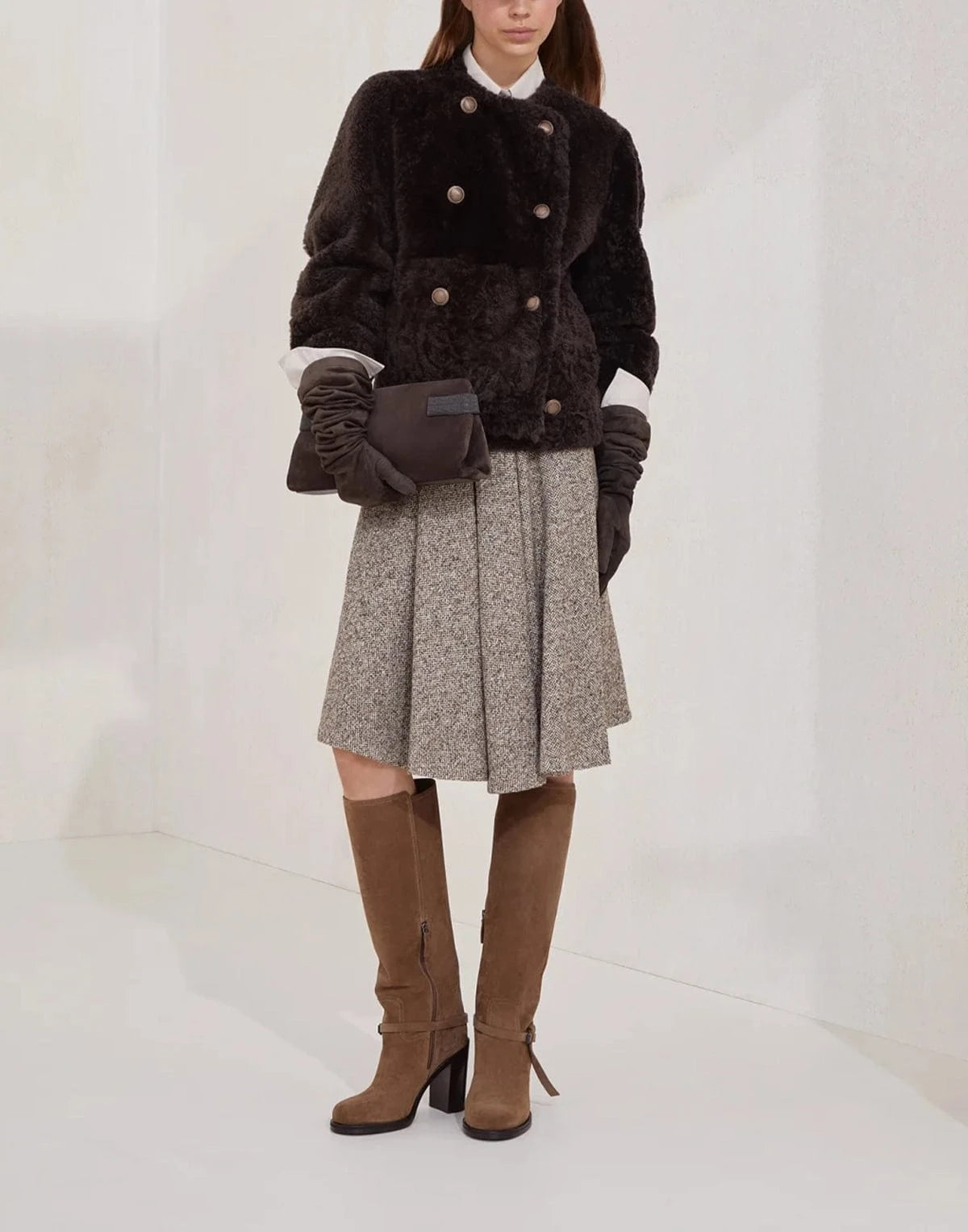 Brunello Cucinelli Flecked Wool-Silk Blend Chevron Skirt