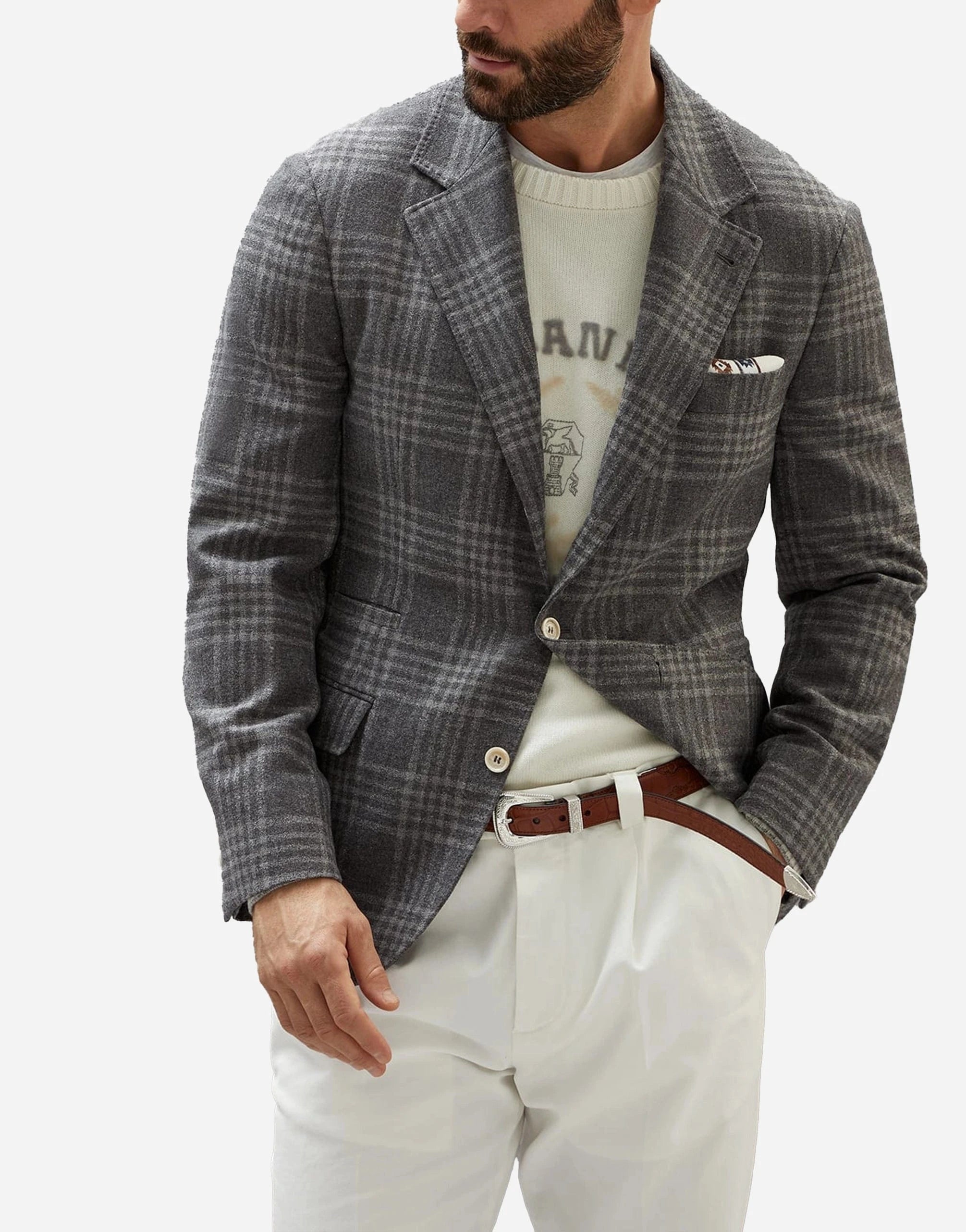 Brunello Cucinelli Frisé Wool-Silk Blend Tartan Deconstructed Blazer