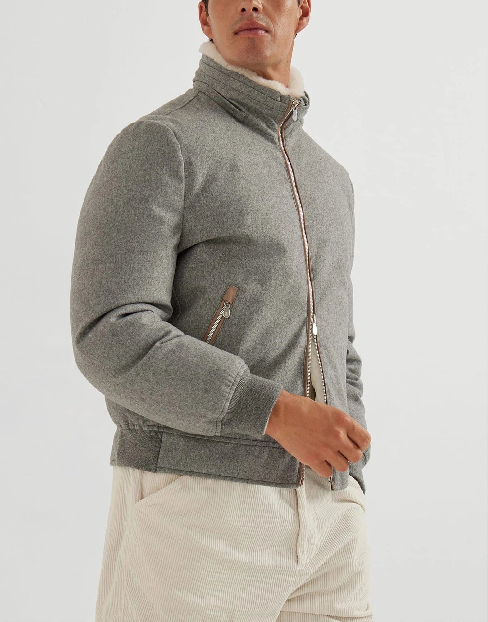 Brunello Cucinelli Grey Bonded Wool Flannel Down Jacket | Sendegaro JP