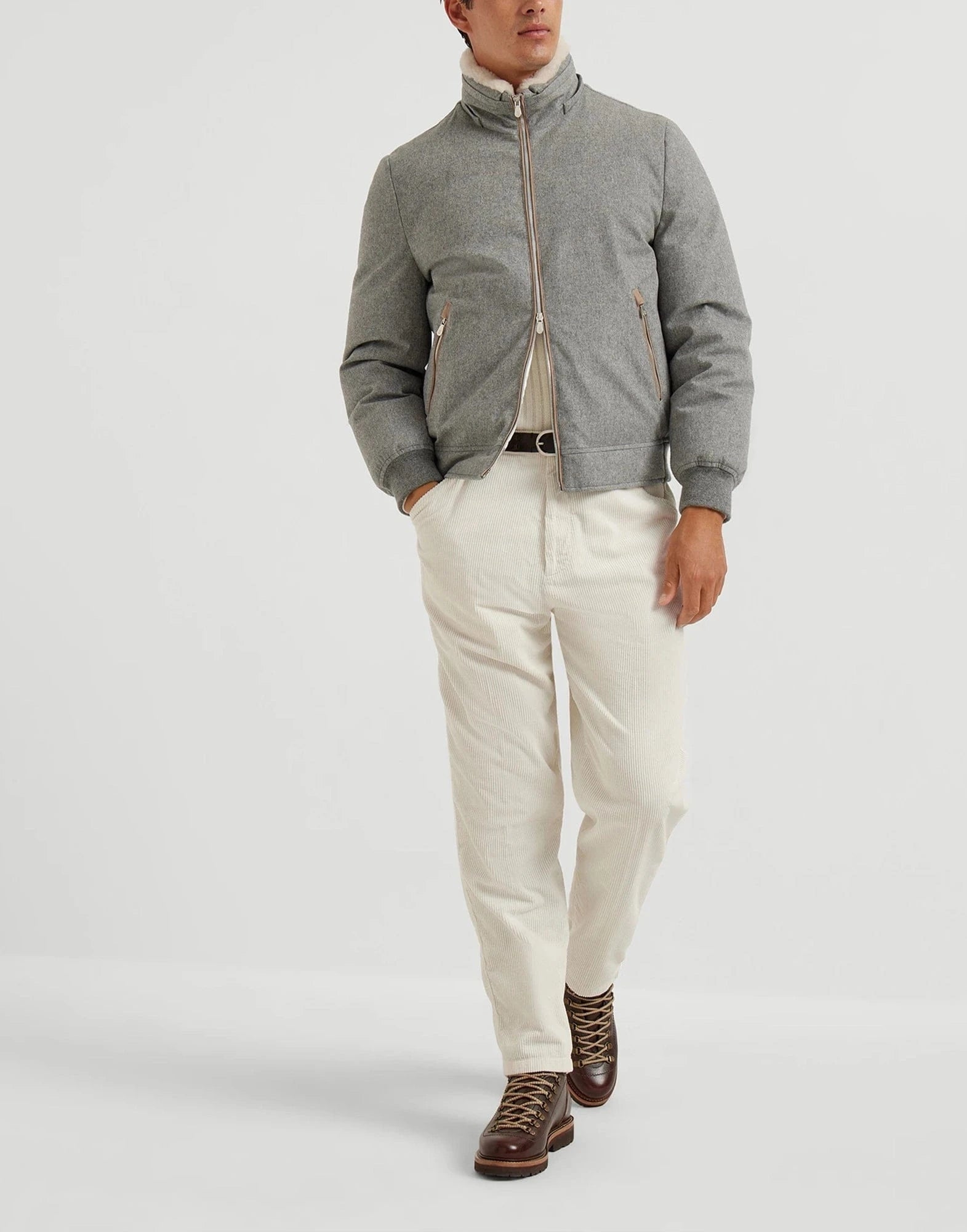 Brunello Cucinelli Grey Bonded Wool Flannel Down Jacket | Sendegaro JP