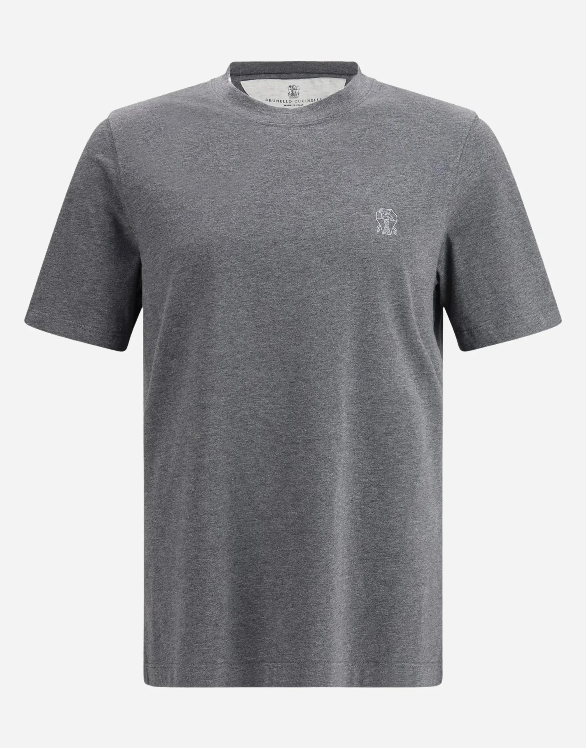 Brunello Cucinelli Grey Cotton Jersey Crew Neck Logo T-Shirt