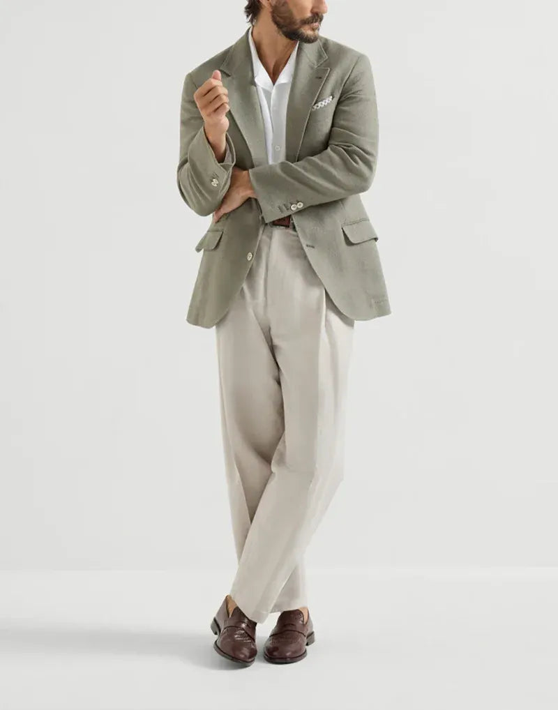 Brunello Cucinelli Khaki Hopsack Deconstructed Cavallo Blazer