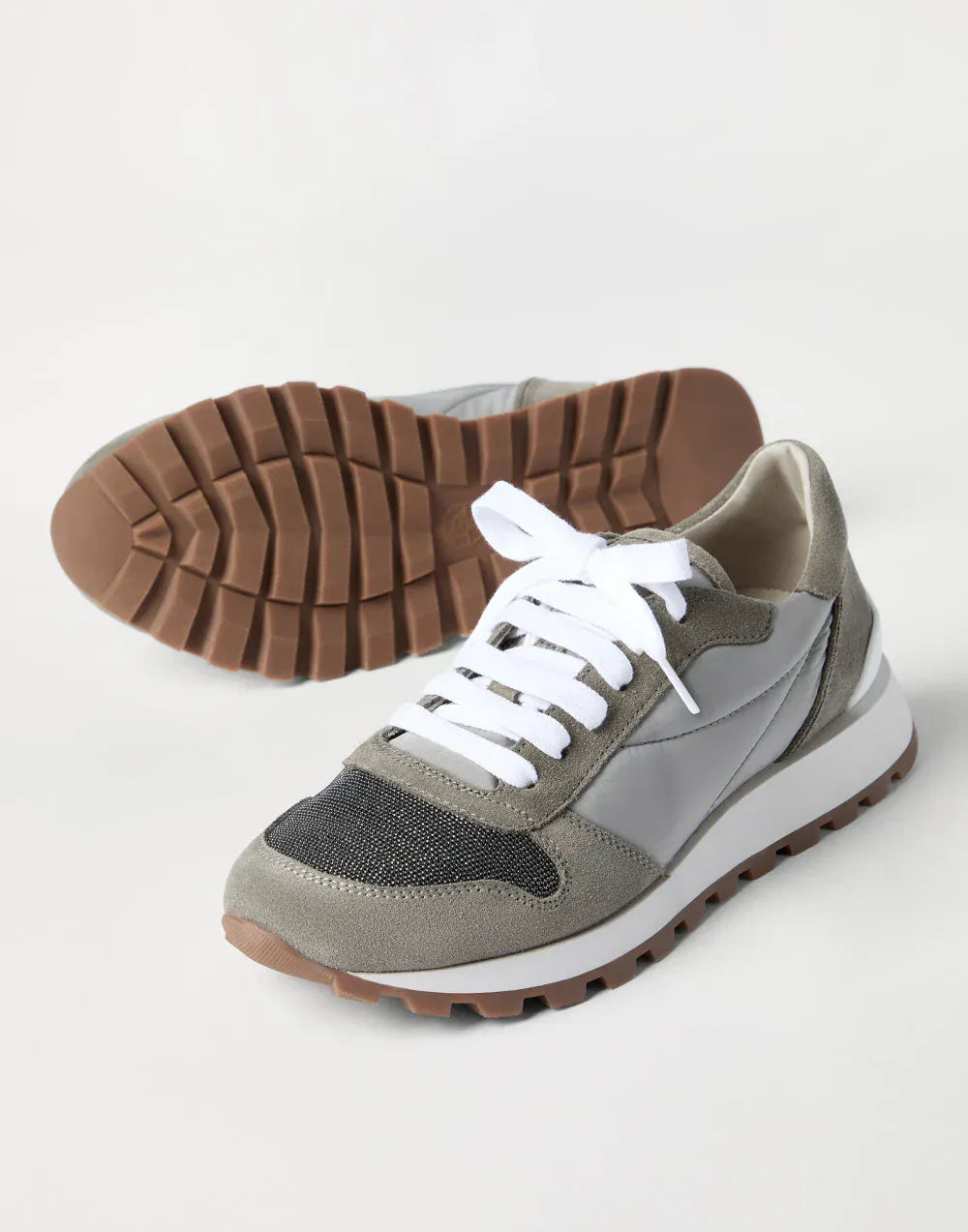 Brunello Cucinelli 카키 테크노 패브릭 프레셔스 토 스니커즈