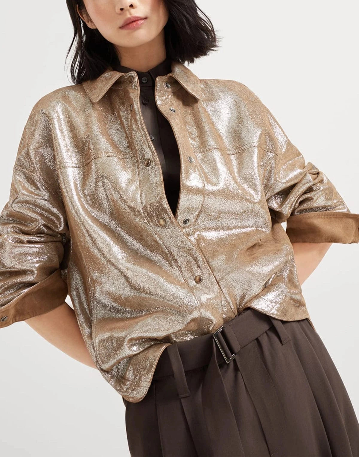 Brunello Cucinelli Lamé Nappa Leather Shirt