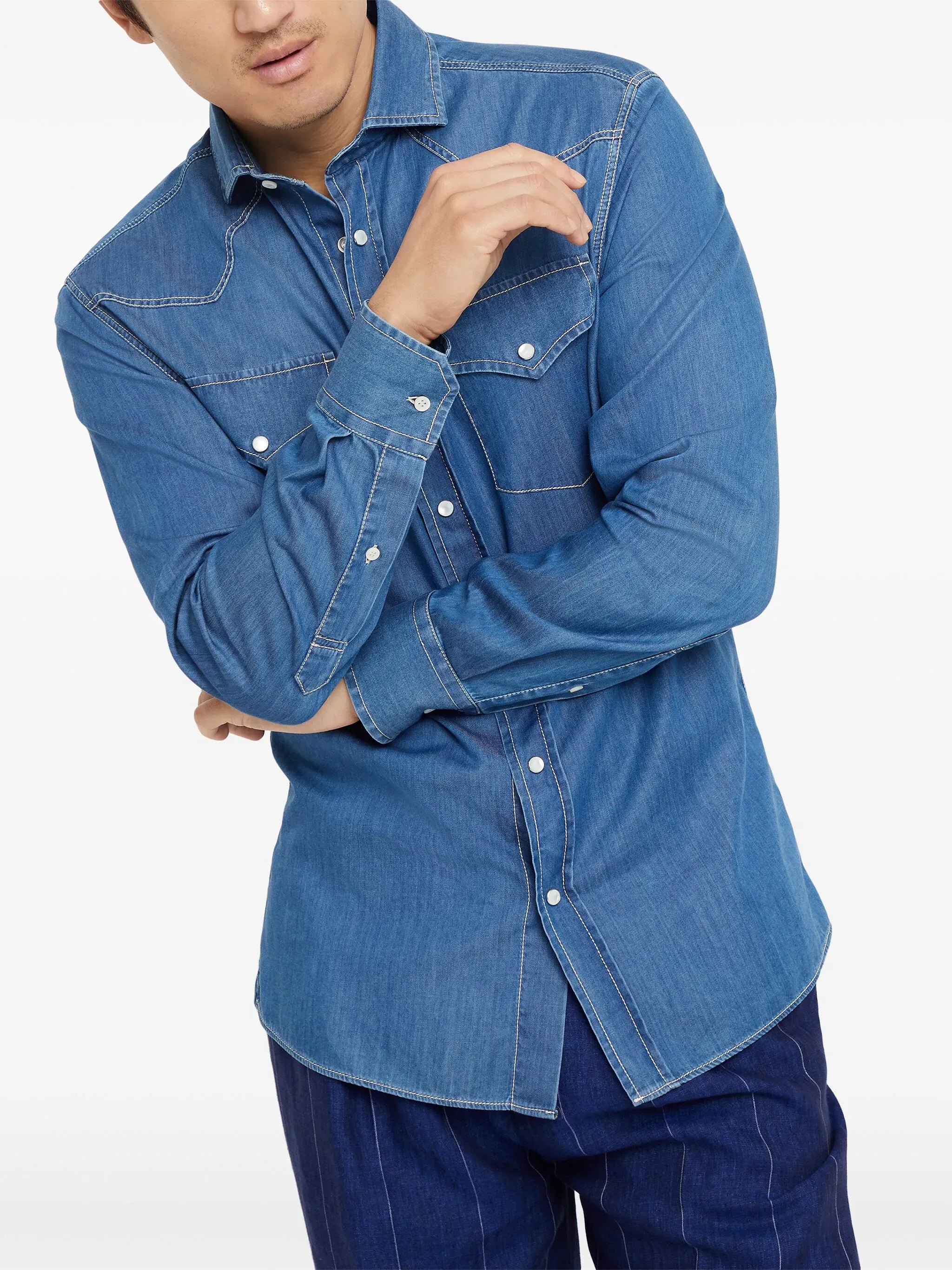 Brunello Cucinelli Lightweight Denim Western Shirt | Sendegaro