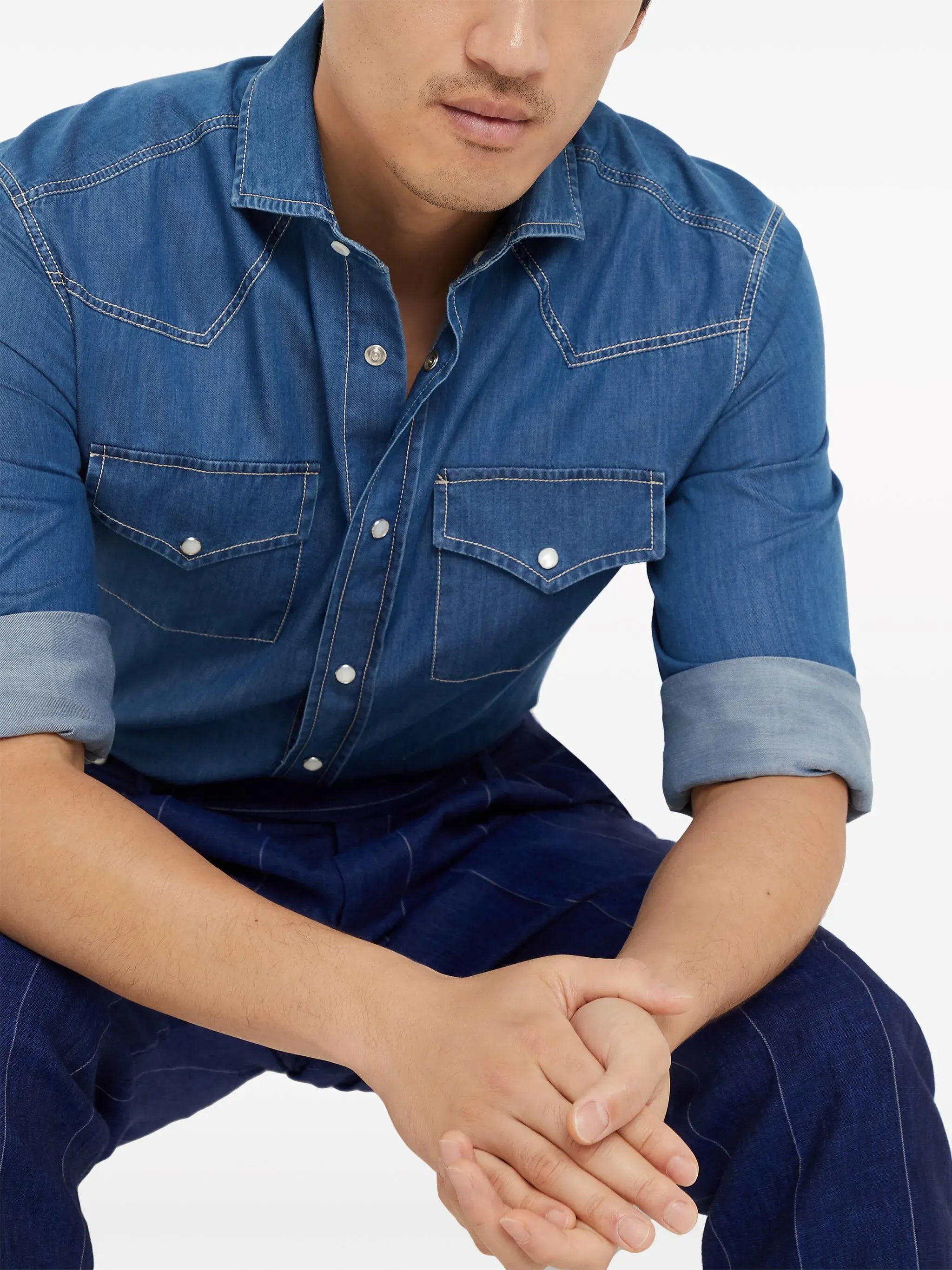 Brunello Cucinelli Lightweight Denim Western Shirt | Sendegaro