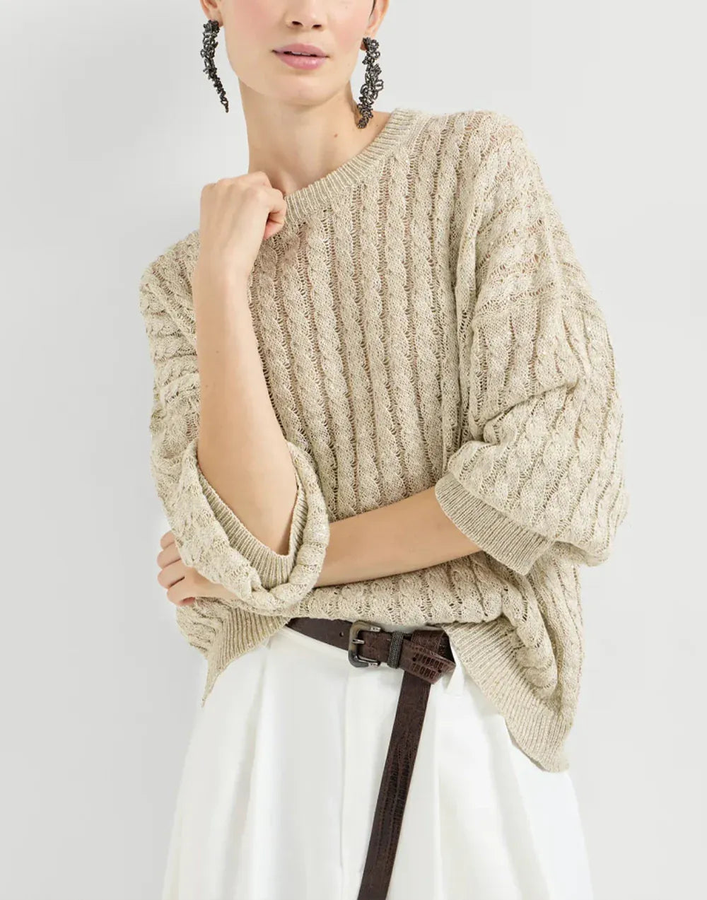 Brunello Cucinelli 린넨 다즐링 케이블 오픈워크 스웨터