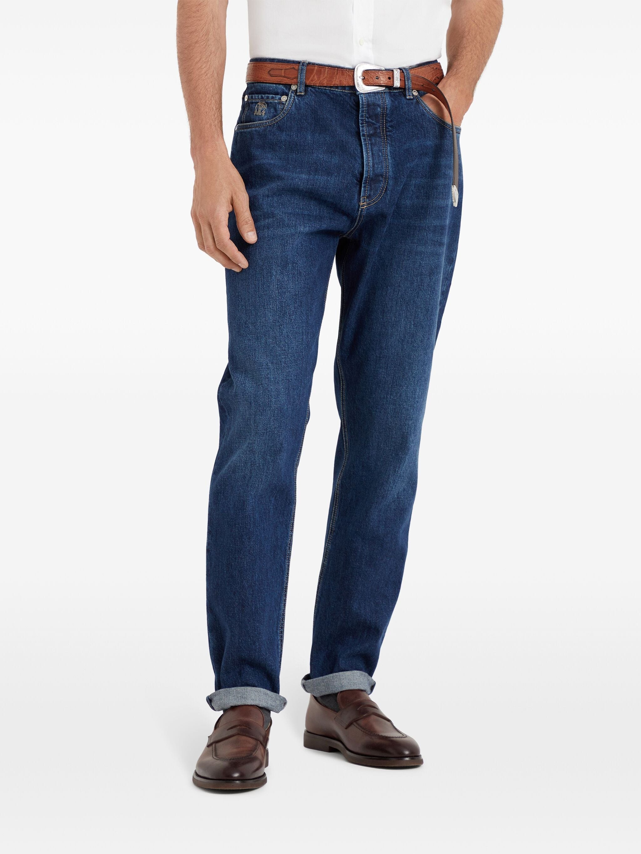 Brunello Cucinelli Logo-Stitched Tapered Jeans