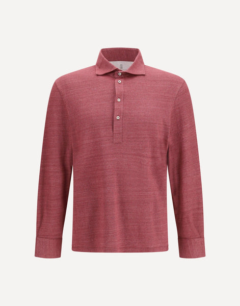 ブルネロクチネリ　ポロシャツ長袖　バーガンディ カラー Brunello Cucinelli 長袖メランジ リネンコットン ポロシャツ