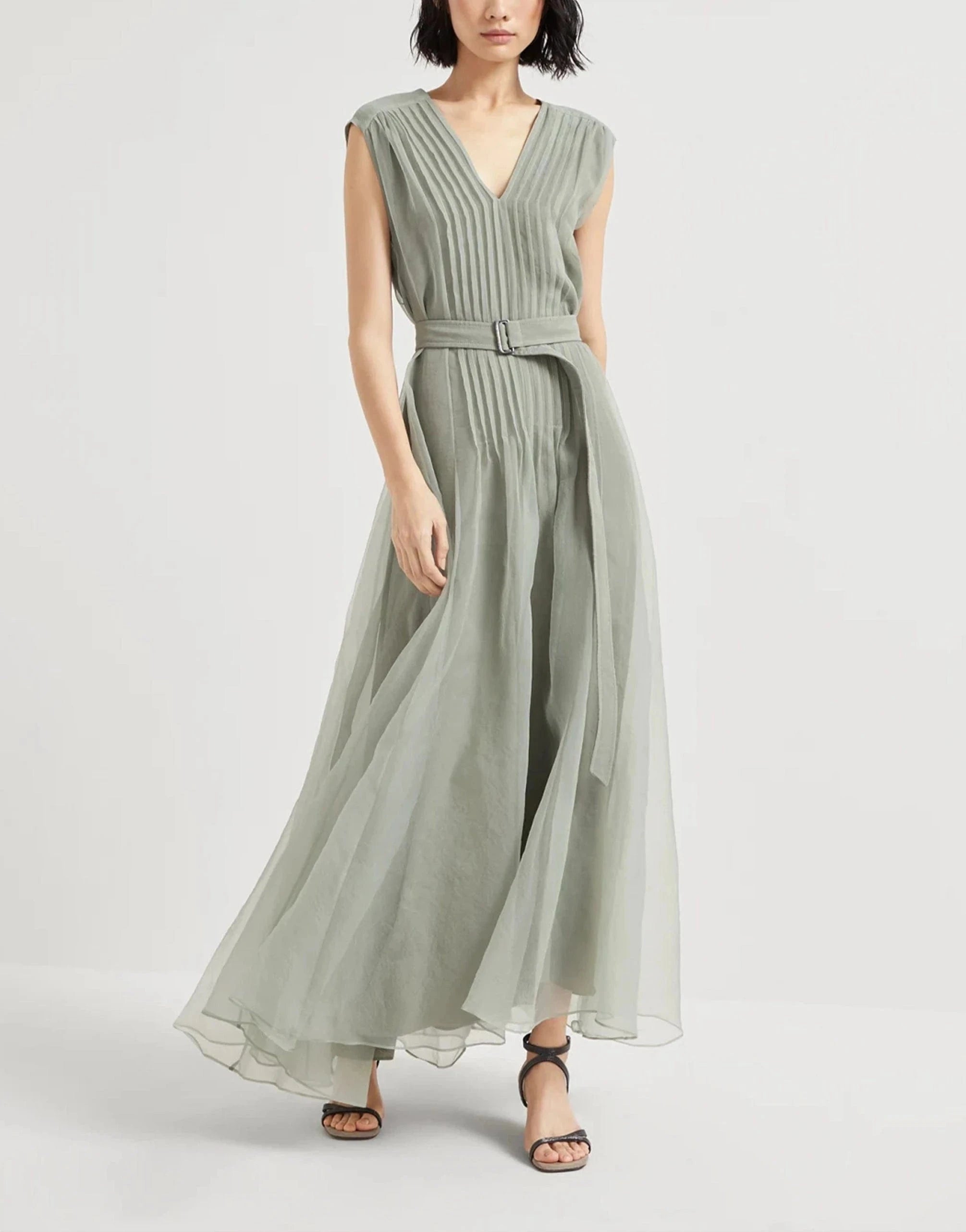 Brunello Cucinelli Monili Pleated Silk Belted Dress