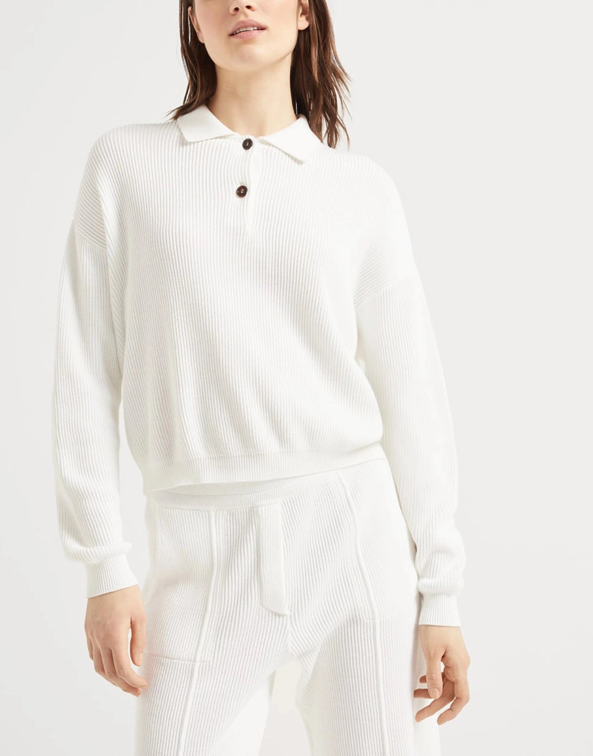 Brunello Cucinelli Monili-Trim Rib Knit Polo Shirt