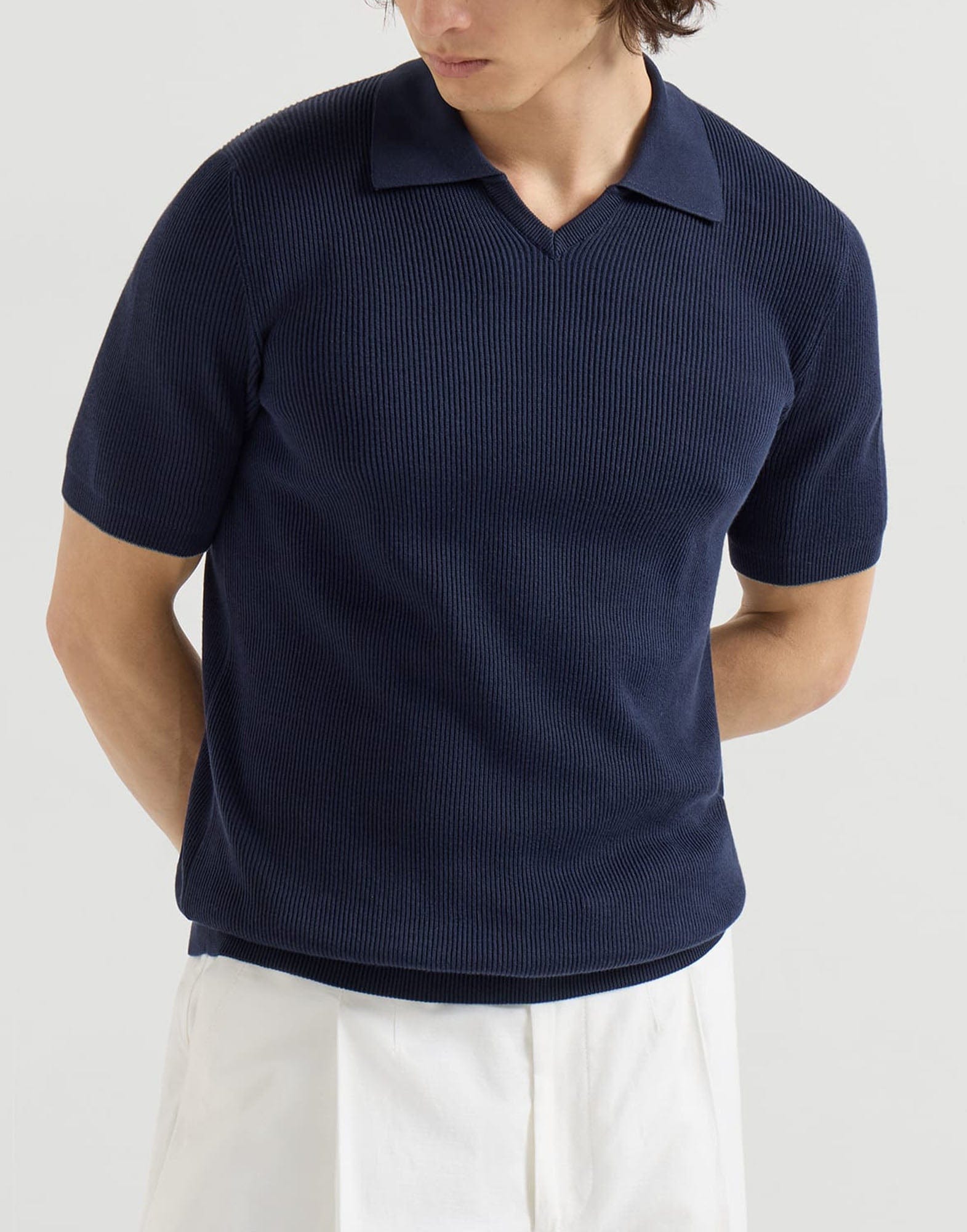 Brunello Cucinelli Polo em Malha Canelada de Algodão Azul Marinho