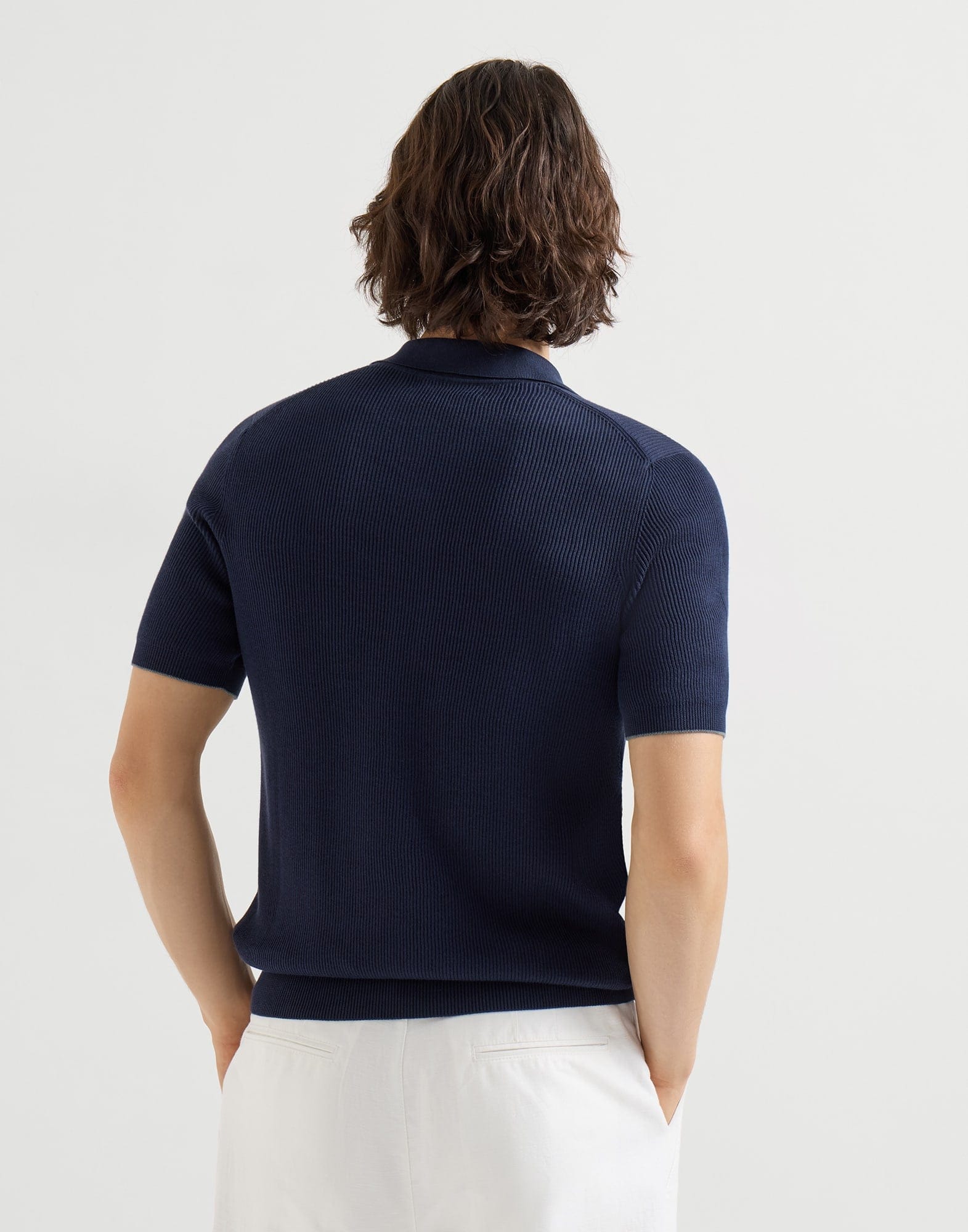 Brunello Cucinelli Polo em Malha Canelada de Algodão Azul Marinho